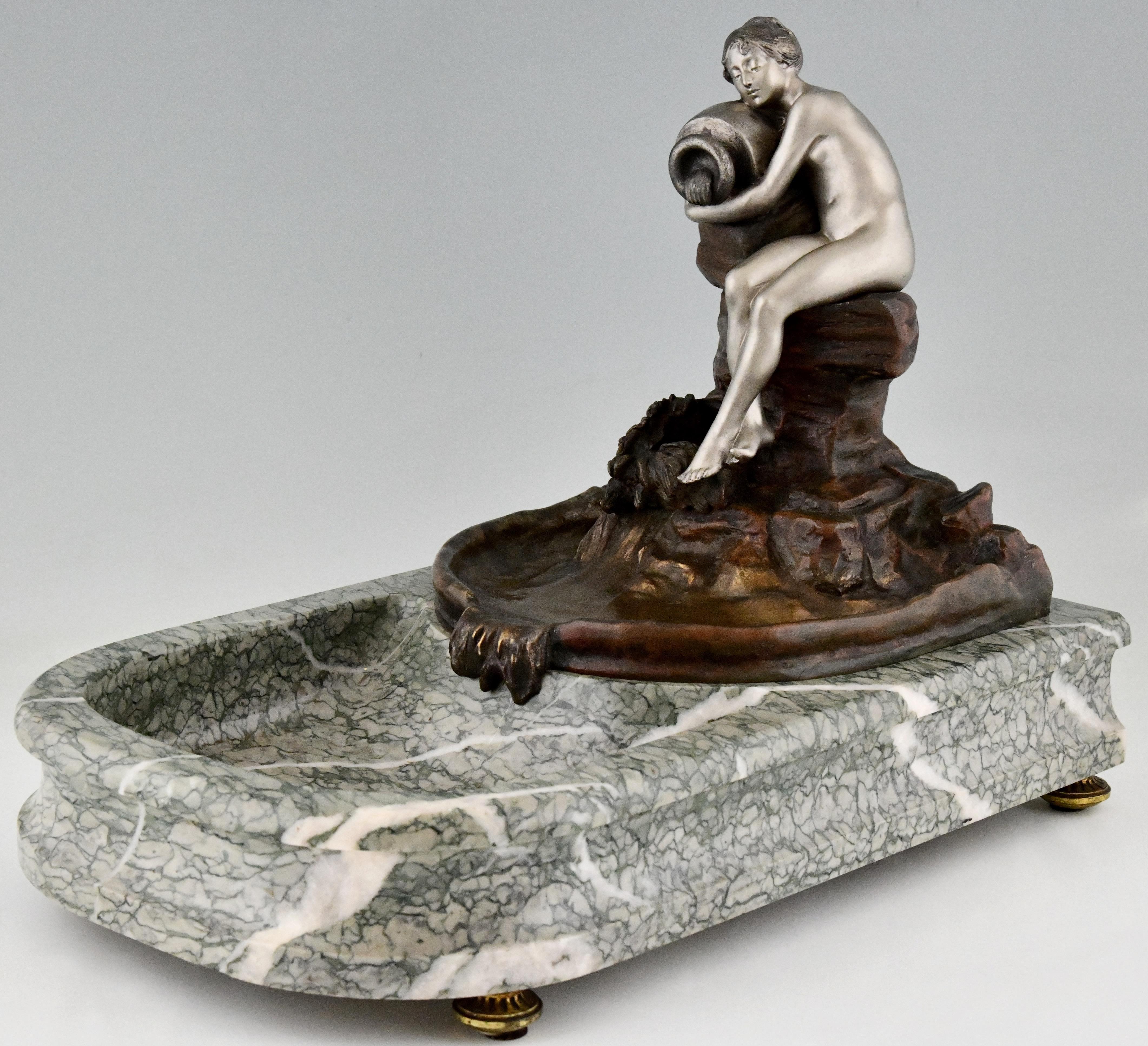 Art Nouveau Bronze Sculptural Tray Indoor Fountain with Nude by Suzanne Bizard For Sale 2
