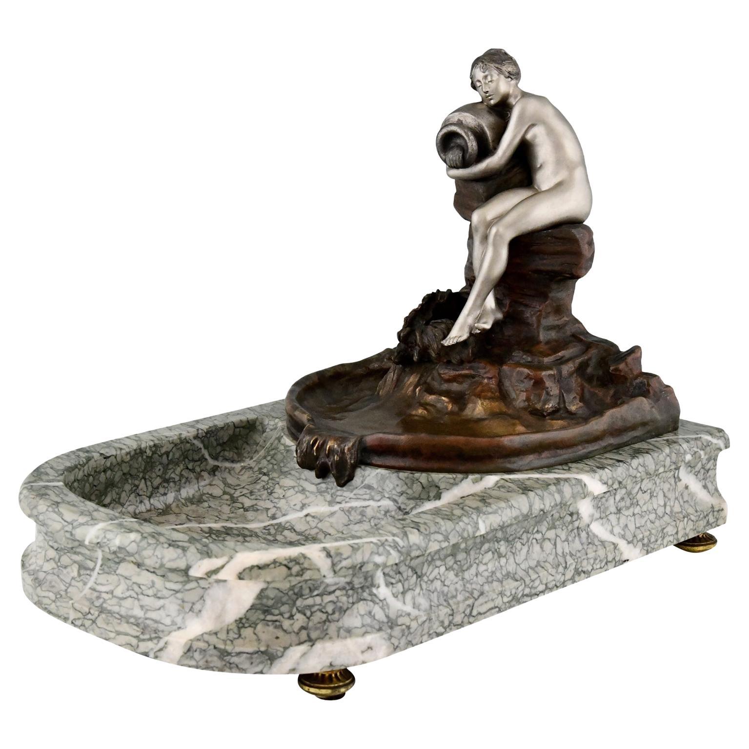 Art Nouveau Bronze Sculptural Tray Indoor Fountain with Nude by Suzanne Bizard