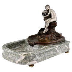 Art Nouveau Bandeja escultórica de bronce Fuente de interior con desnudo de Suzanne Bizard