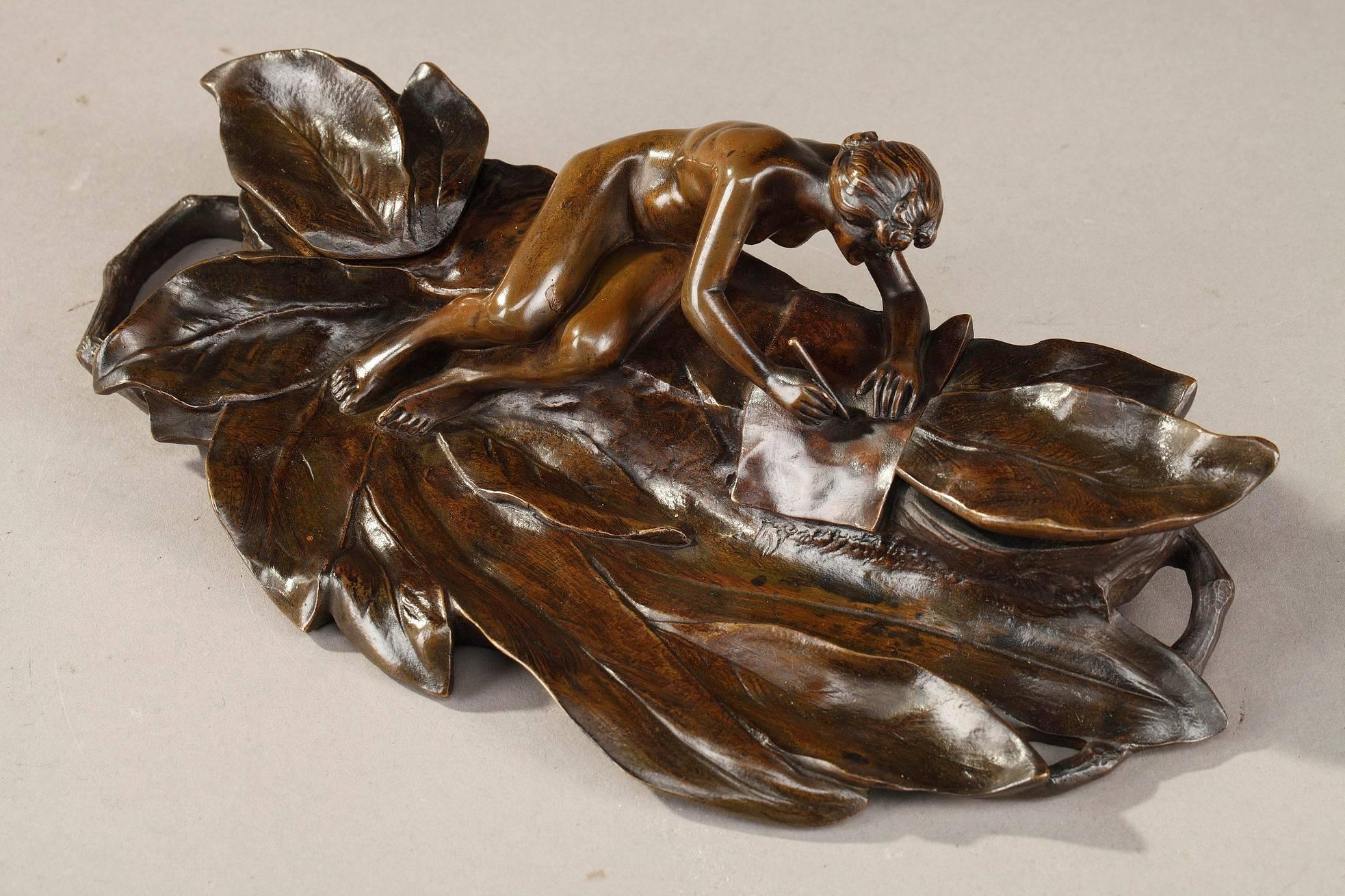French Art Nouveau Bronze Sculpture and Inkwell by Karl Korschann