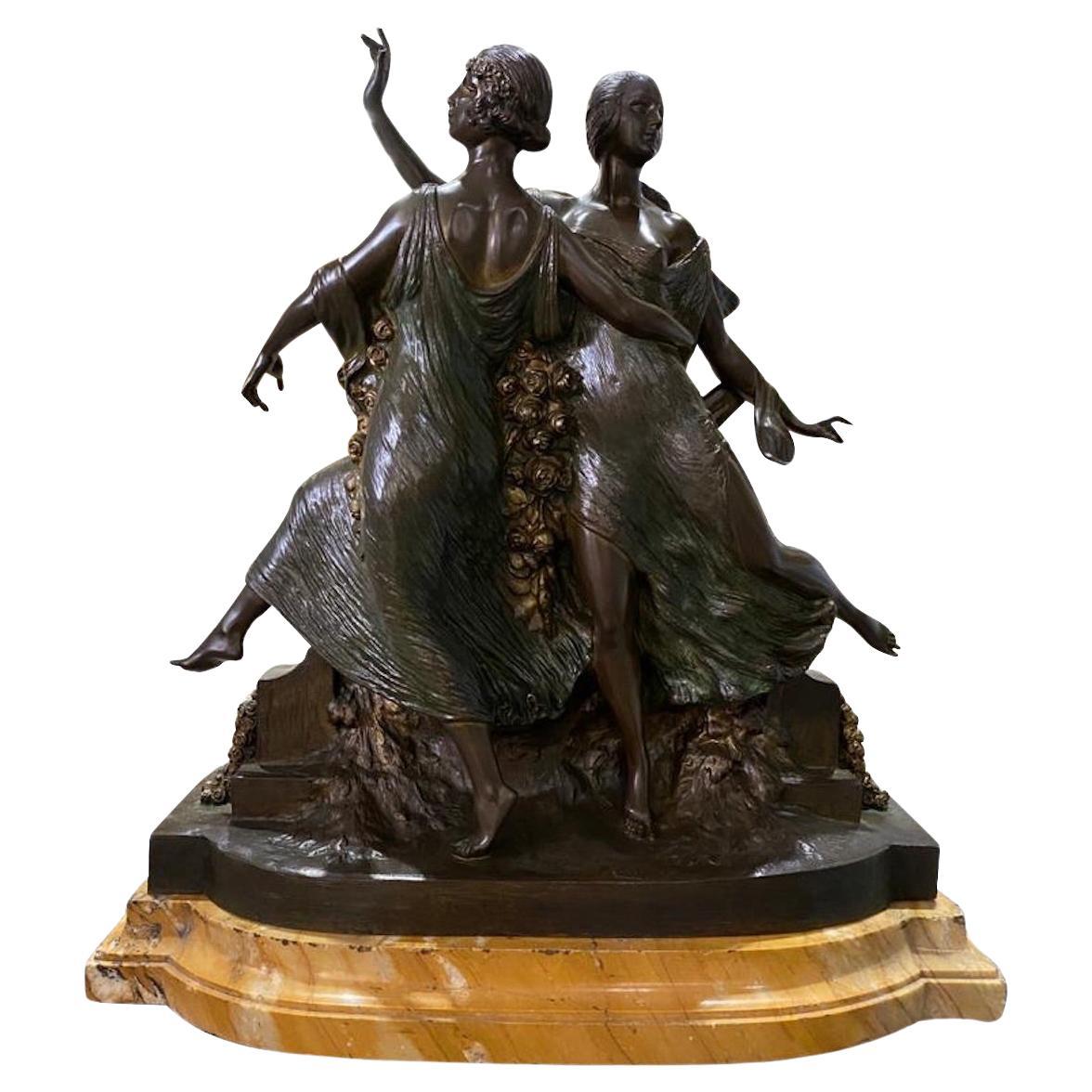 Escultura Art Nouveau de Bronce de Joe Descomps "mujeres jóvenes en movimiento"