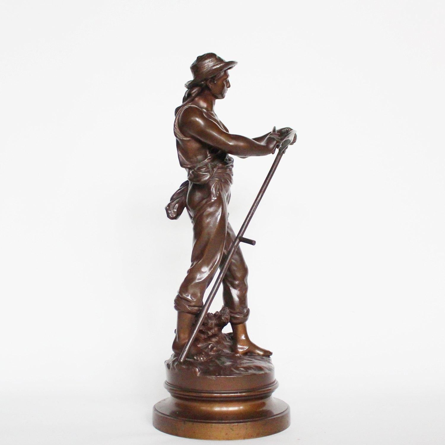 An Art Nouveau sculpture of a field worker sharpening his scythe. Solid bronze. Signed Math Moreau to base, stamped Medaille D'honeur. 

Artist: Mathurin Moreau, (1822-1912).
 