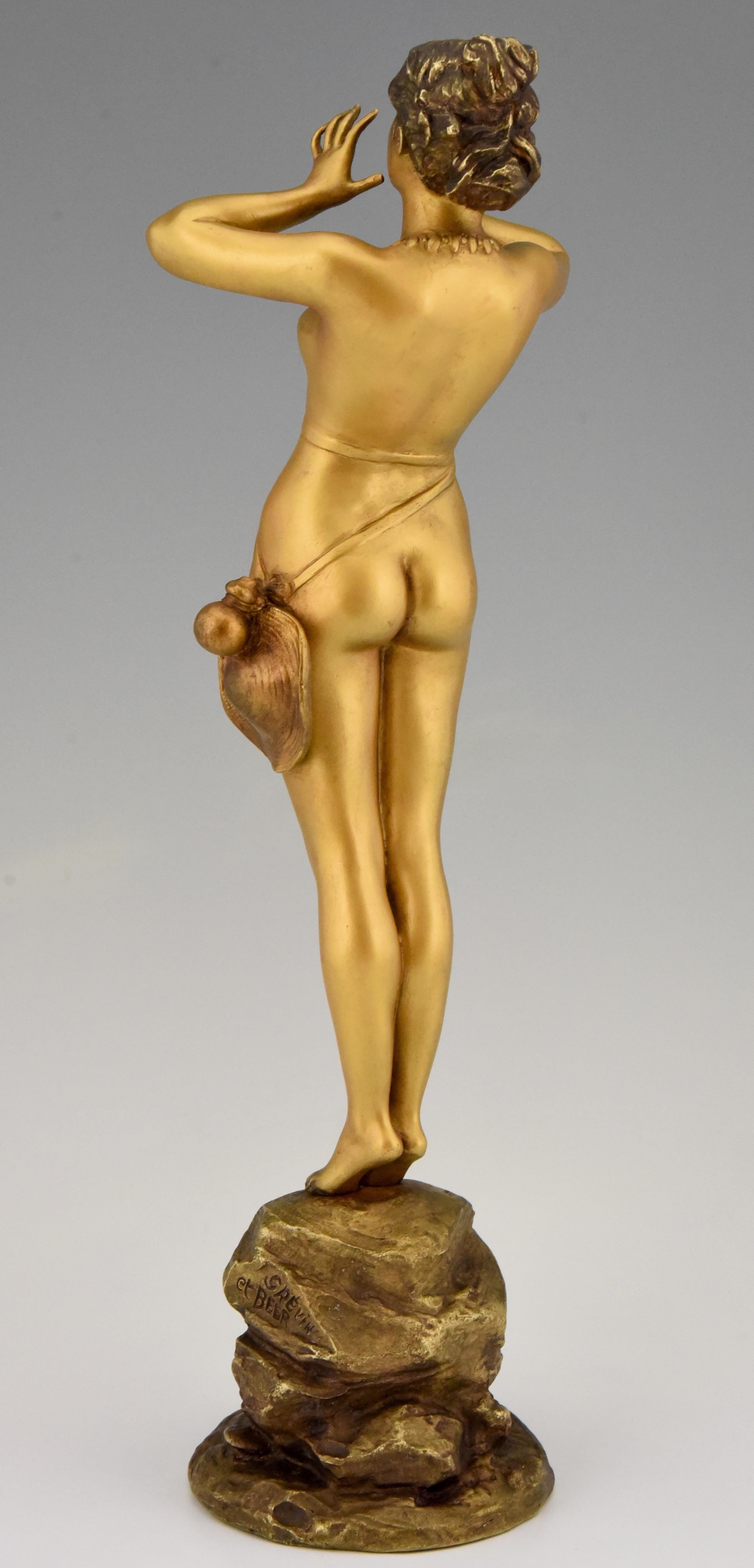 Patinated Art Nouveau Bronze Sculpture Calling Nude Lady Alfred Grevin and Friedrich Beer
