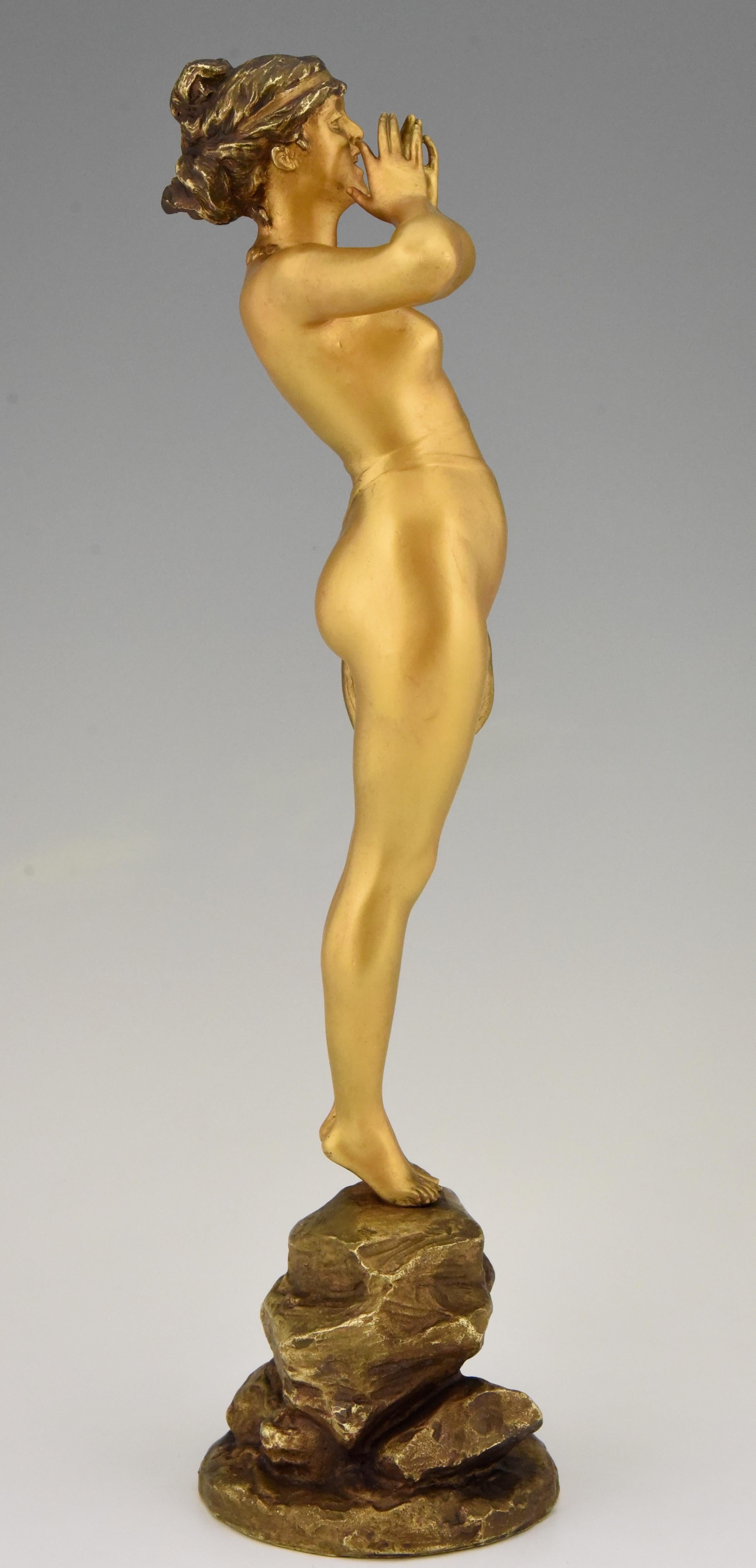 19th Century Art Nouveau Bronze Sculpture Calling Nude Lady Alfred Grevin and Friedrich Beer