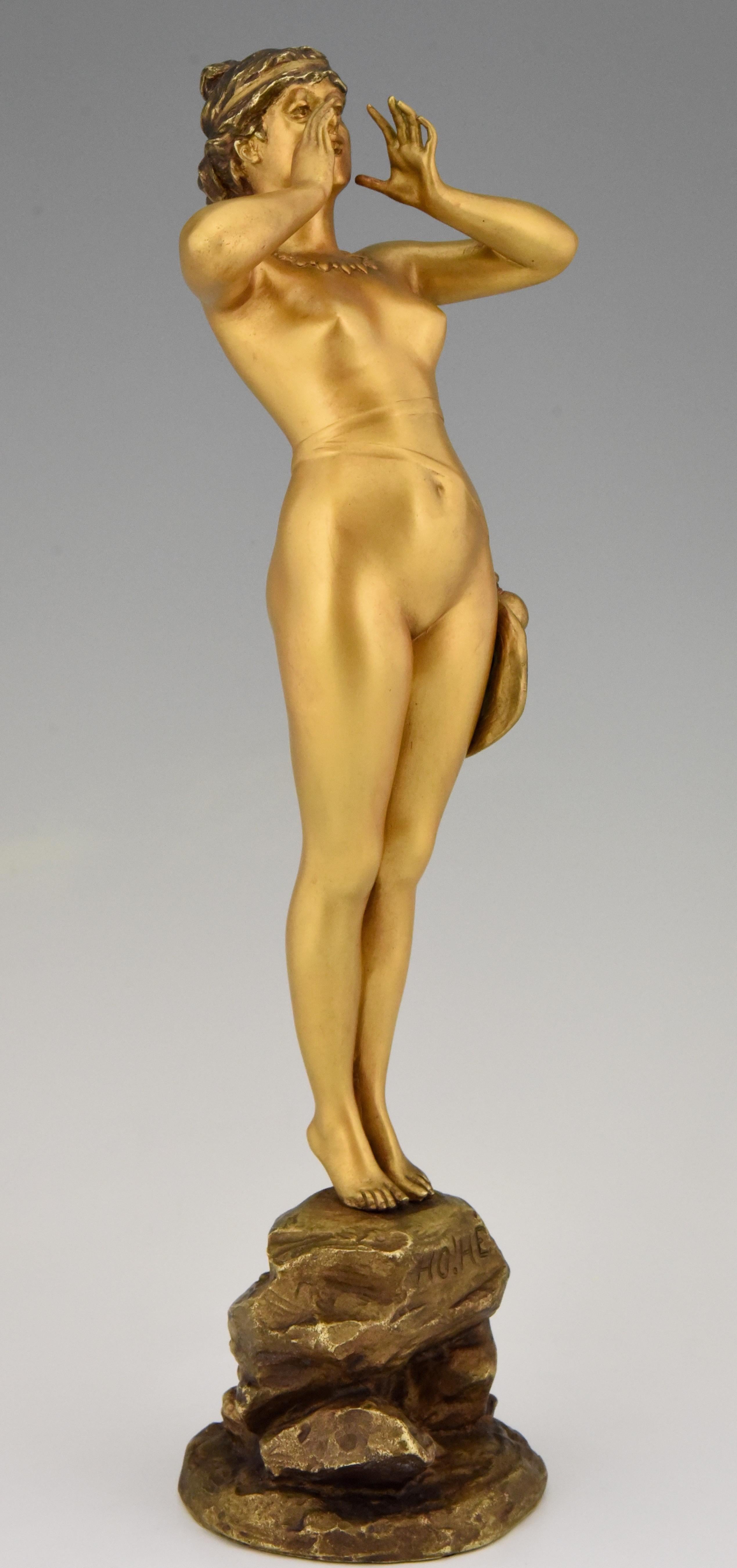 Art Nouveau Bronze Sculpture Calling Nude Lady Alfred Grevin and Friedrich Beer 1