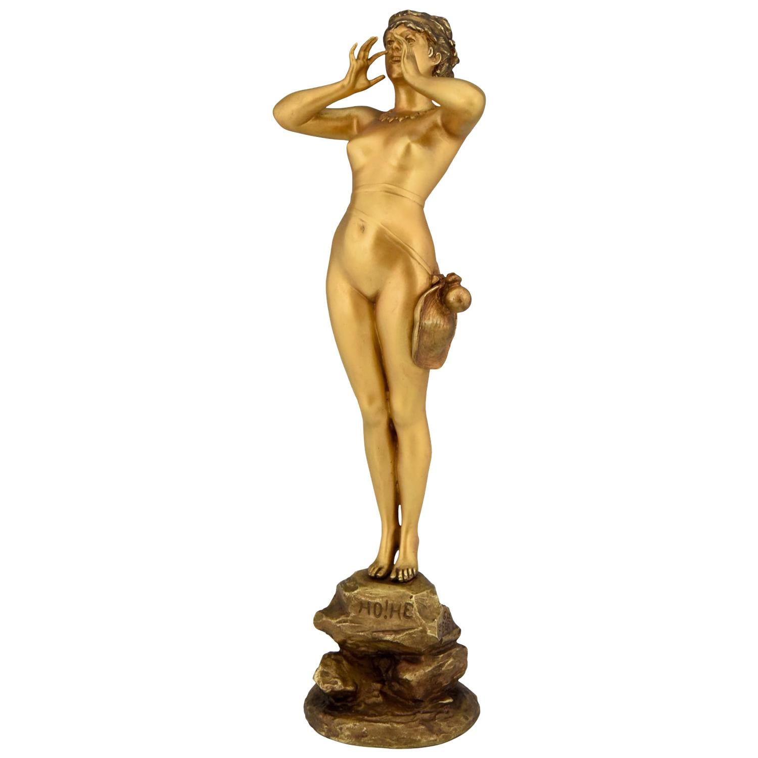 Art Nouveau Bronze Sculpture Calling Nude Lady Alfred Grevin and Friedrich Beer