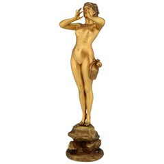 Jugendstil-Bronzeskulptur Rufender Frauenakt Alfred Grevin und Friedrich Beer