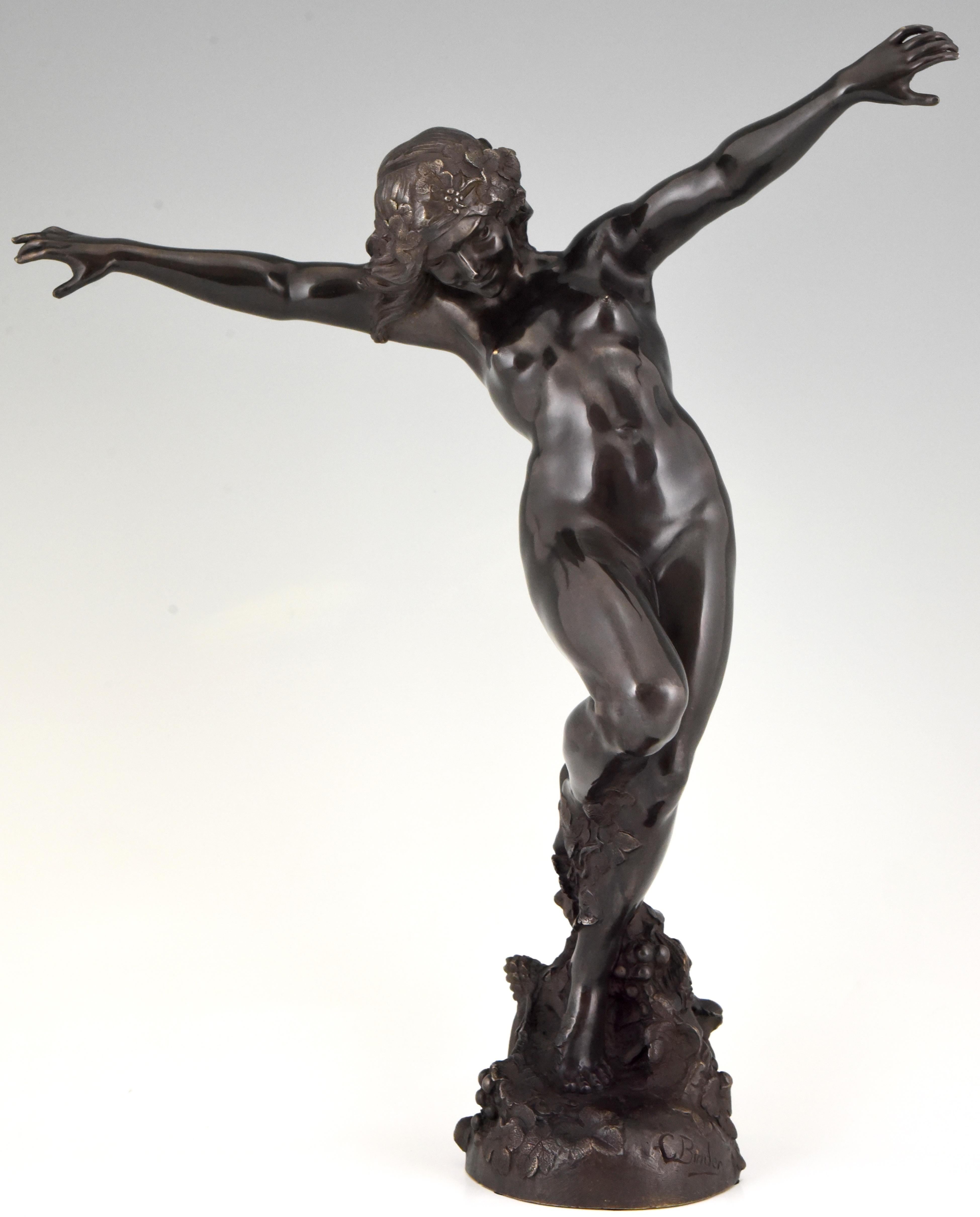 Beautiful Art Nouveau bronze sculpture of a dancing nude Bacchante with her arms out stretched. Signed by Carl Binder, with foundry seal, France, 1905.

“Bronzes, sculptors and founders” by H. Berman, Abage.?“Dictionnaire des peintres, sculpteurs,