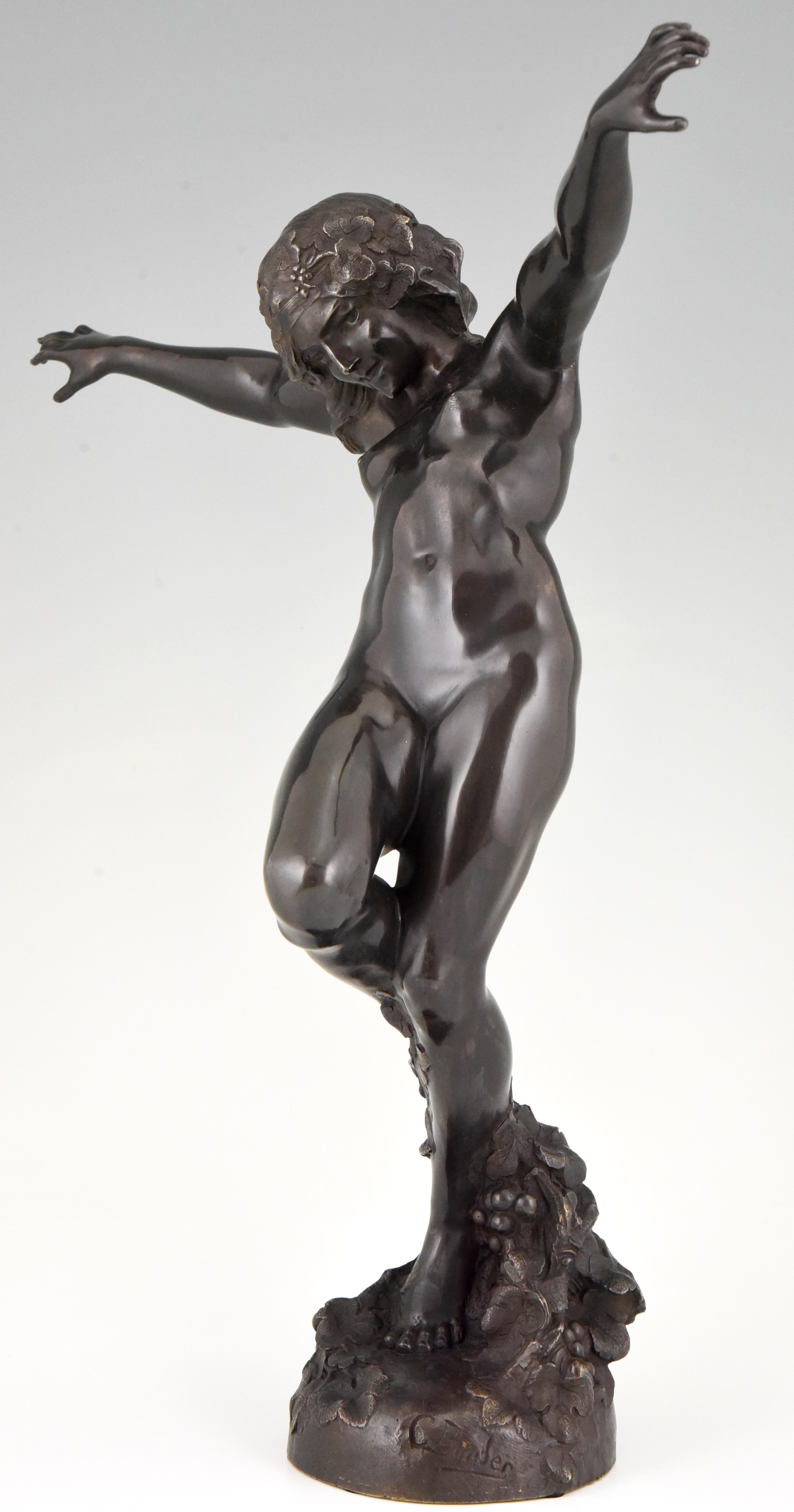 French Art Nouveau Bronze Sculpture Dancing Nude Bacchante Carl Binder, France, 1905