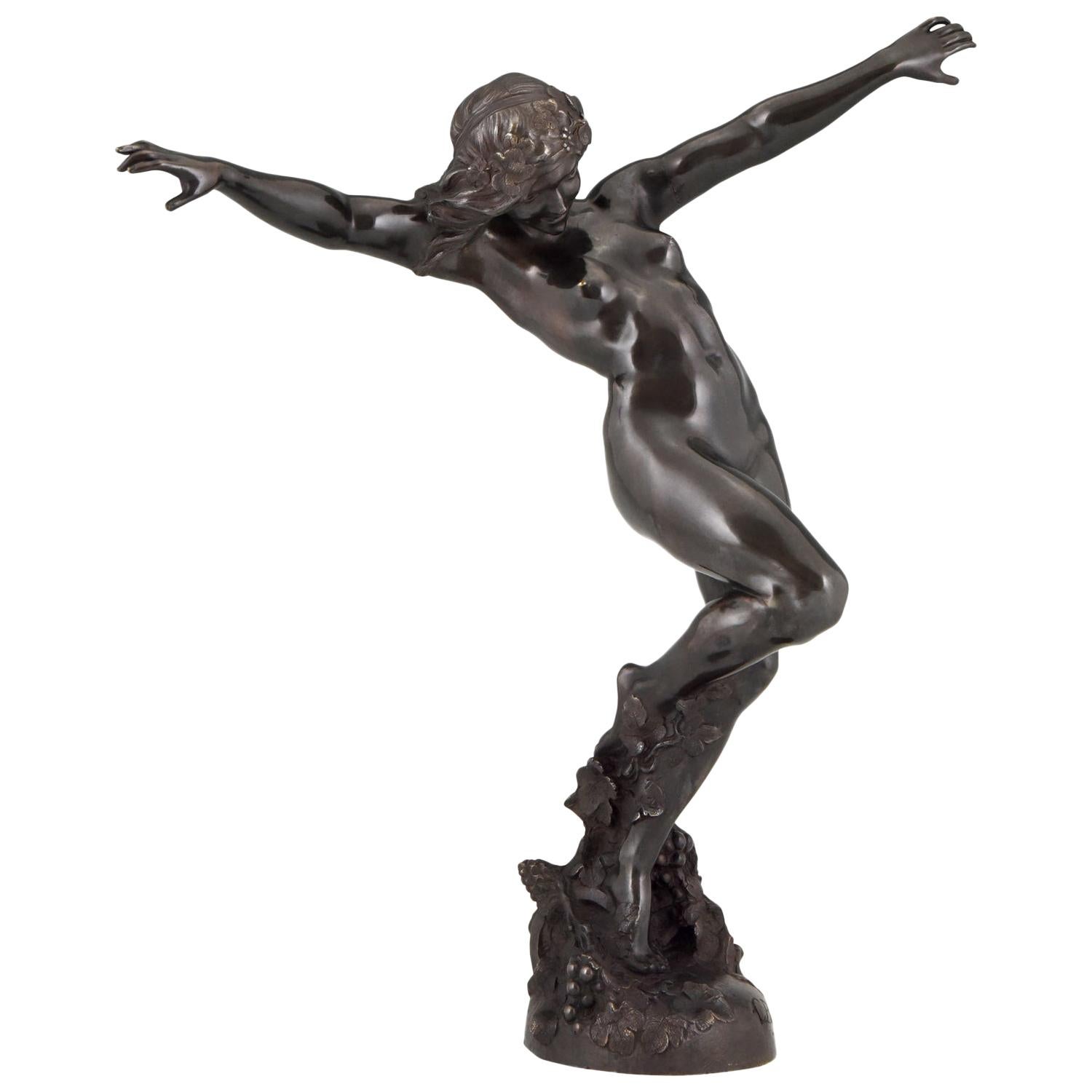 Art Nouveau Bronze Sculpture Dancing Nude Bacchante Carl Binder, France, 1905