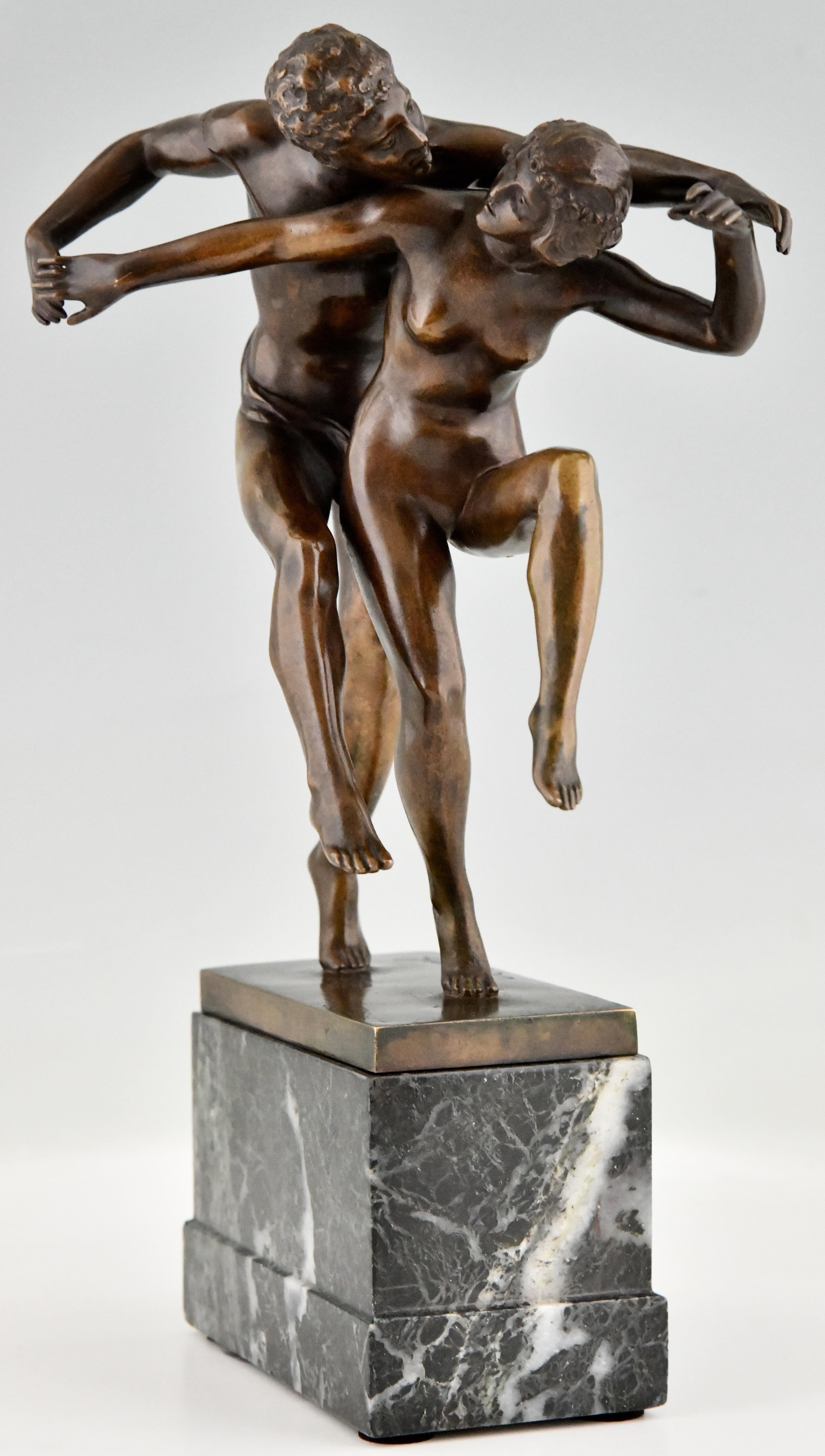 Patinated Art Nouveau Bronze Sculpture Dancing Nude Couple La Danse by Charles Samuel For Sale