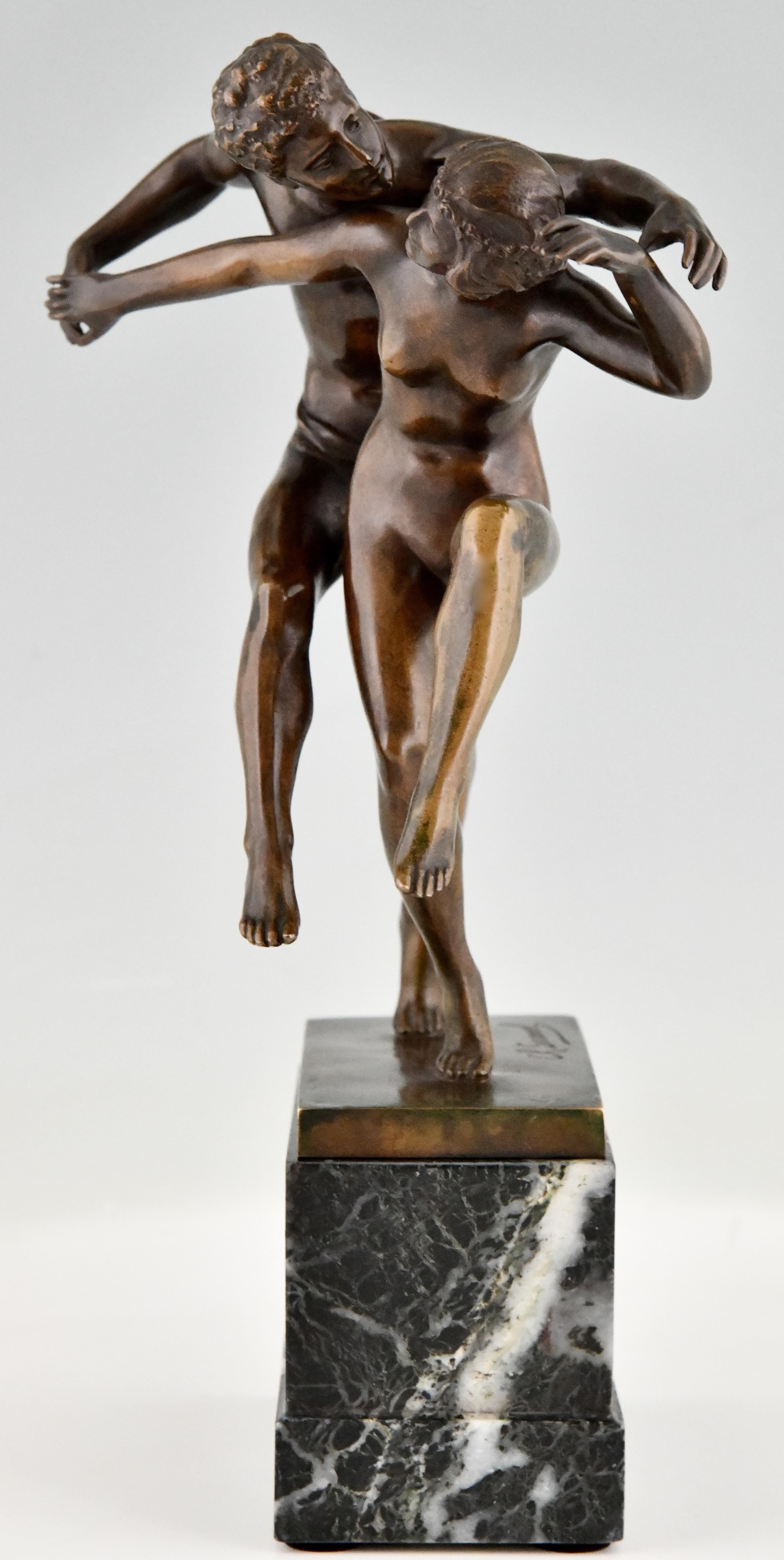 Art Nouveau Bronze Sculpture Dancing Nude Couple La Danse by Charles Samuel In Good Condition For Sale In Antwerp, BE