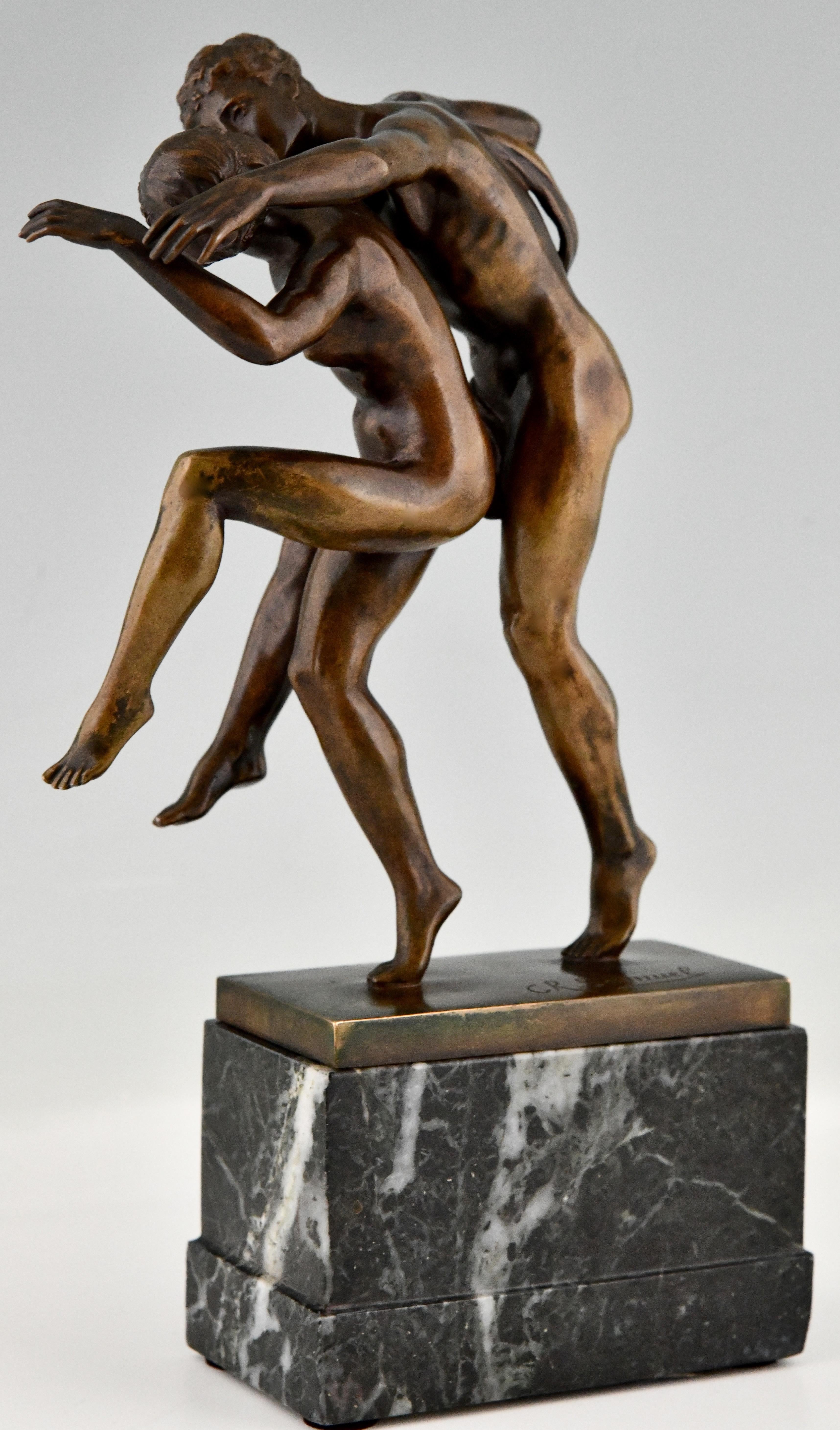 Early 20th Century Art Nouveau Bronze Sculpture Dancing Nude Couple La Danse by Charles Samuel For Sale