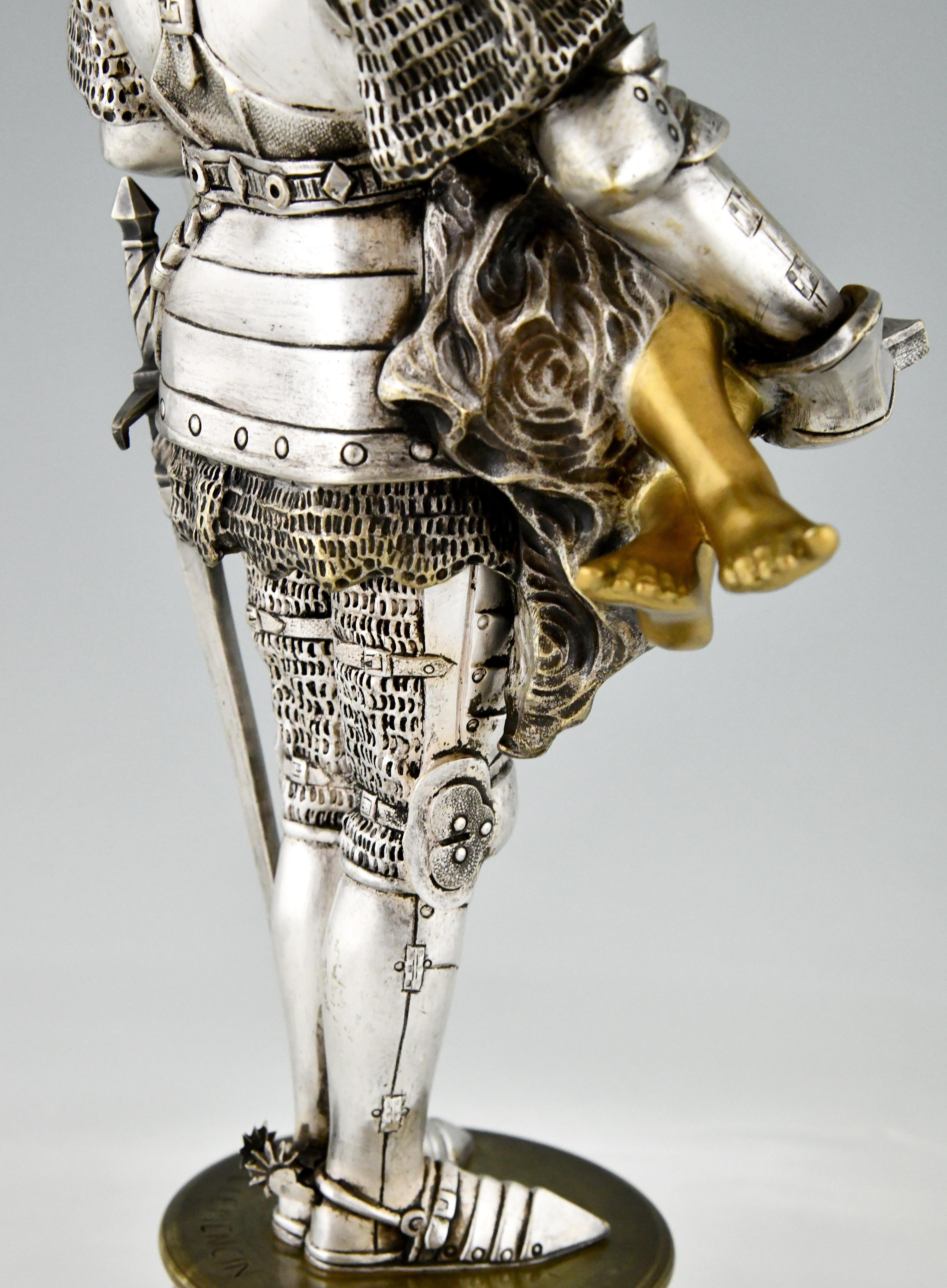 Art Nouveau Bronze Sculpture Knight with Nude Celui Qui Fut Pris by Clemencin 2