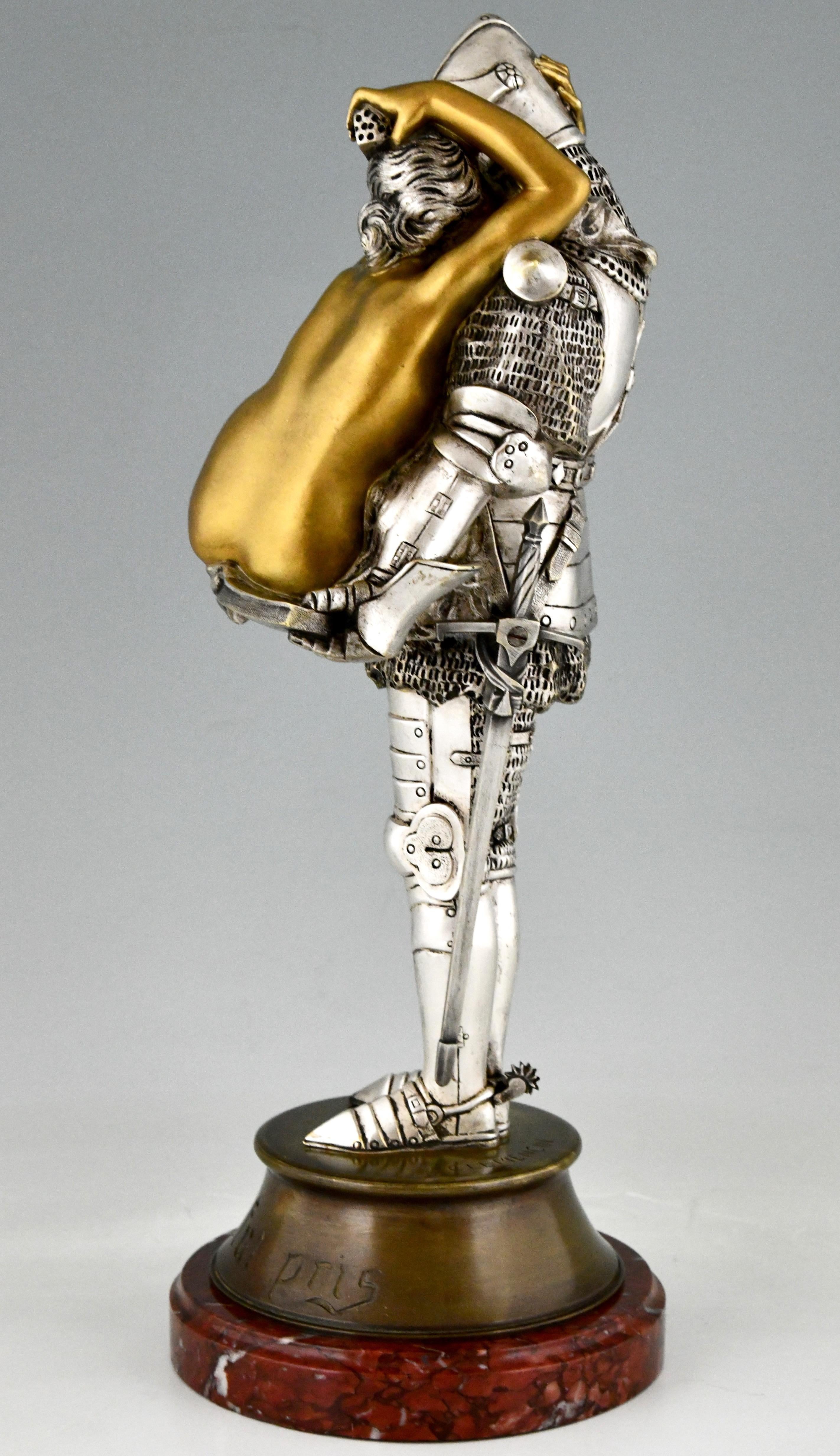 French Art Nouveau Bronze Sculpture Knight with Nude Celui Qui Fut Pris by Clemencin