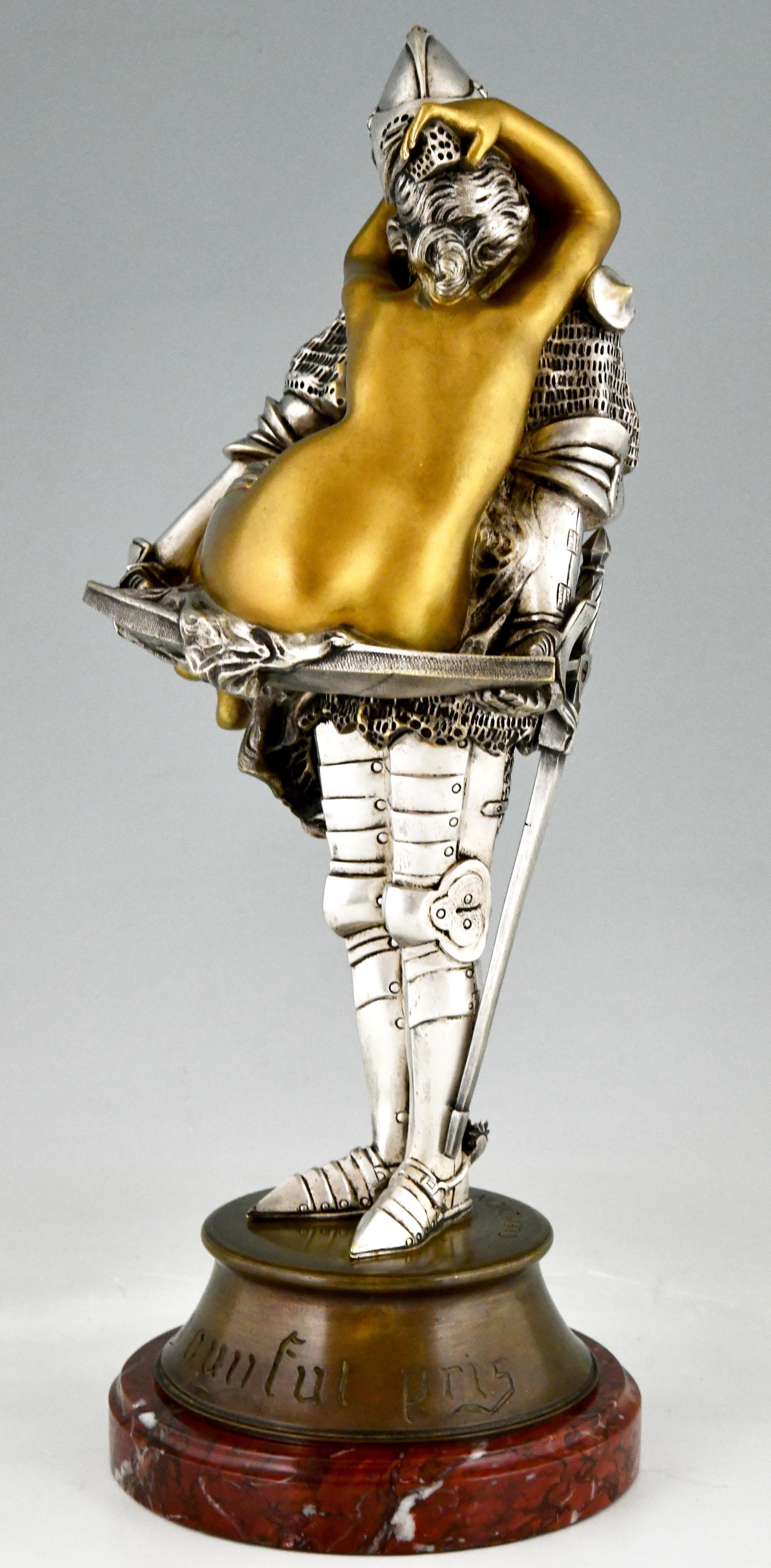 Patinated Art Nouveau Bronze Sculpture Knight with Nude Celui Qui Fut Pris by Clemencin