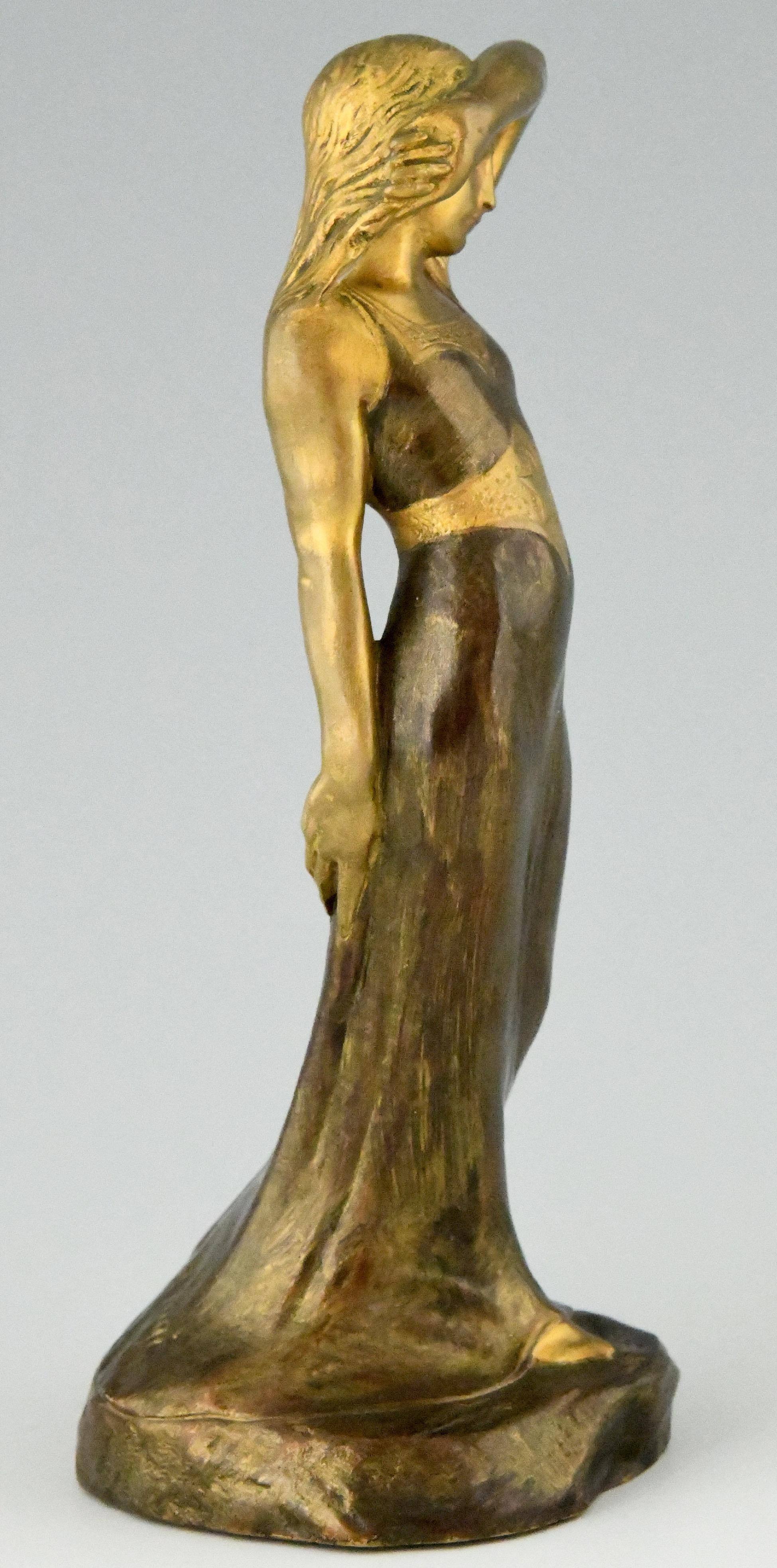 French Art Nouveau Bronze Sculpture Lady Sarah Bernhardt Harald Sorensen Ringi, 1899