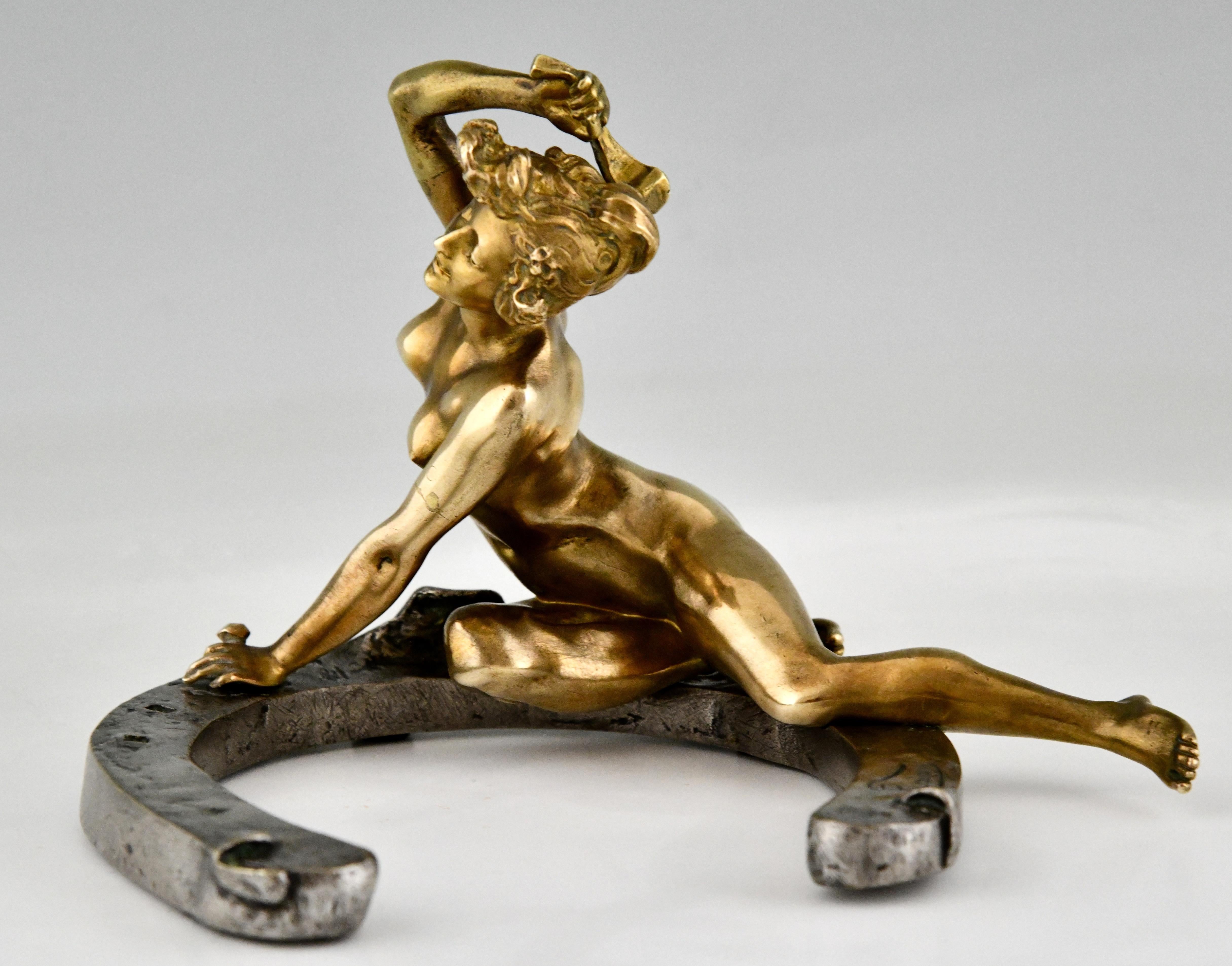 French Art Nouveau Bronze Sculpture Nude on a Horseshoe by Recipon France 1896