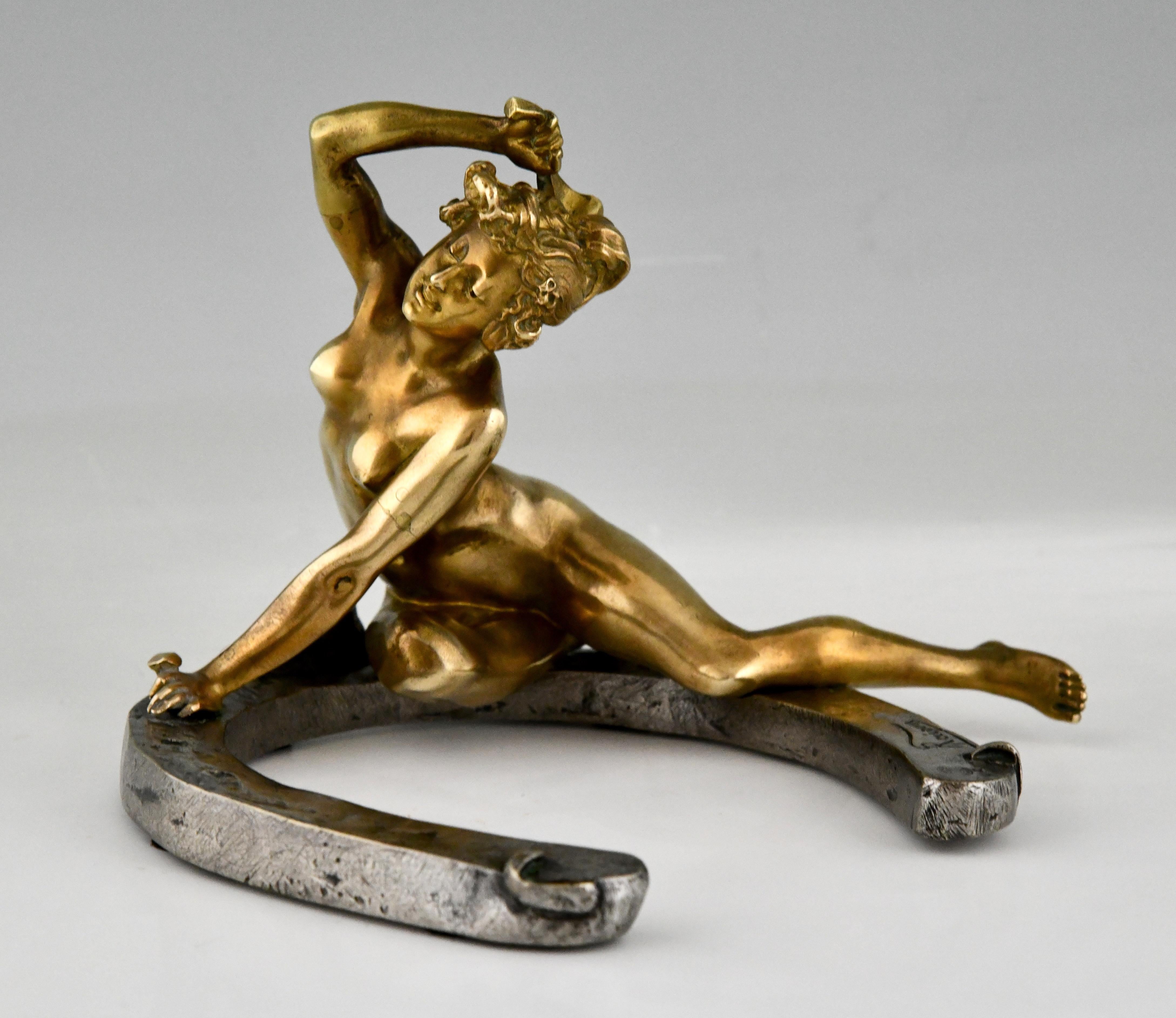 Gilt Art Nouveau Bronze Sculpture Nude on a Horseshoe by Recipon France 1896
