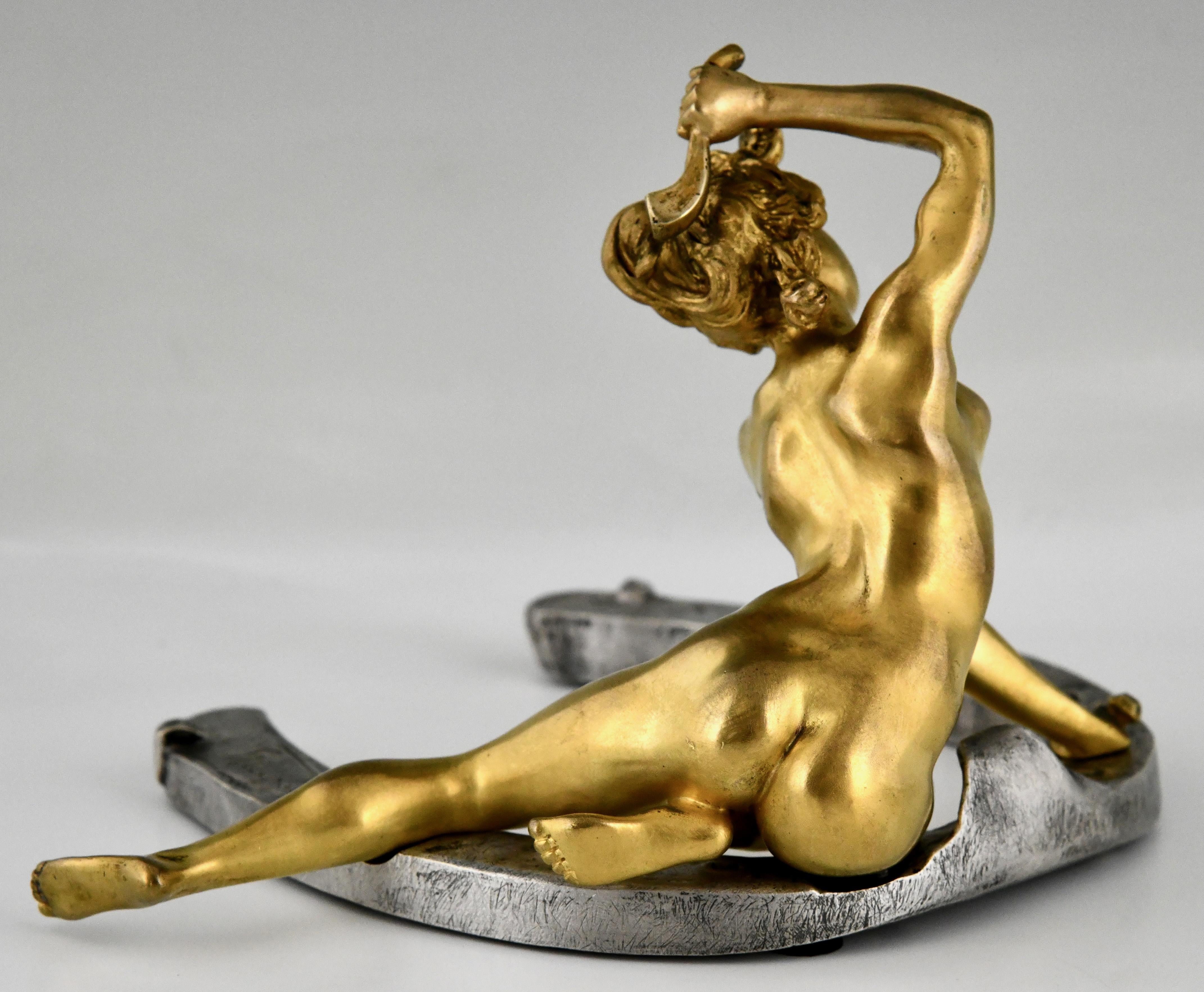 French Art Nouveau Bronze Sculpture Nude on Horseshoe by Georges Récipon, Susse Frères
