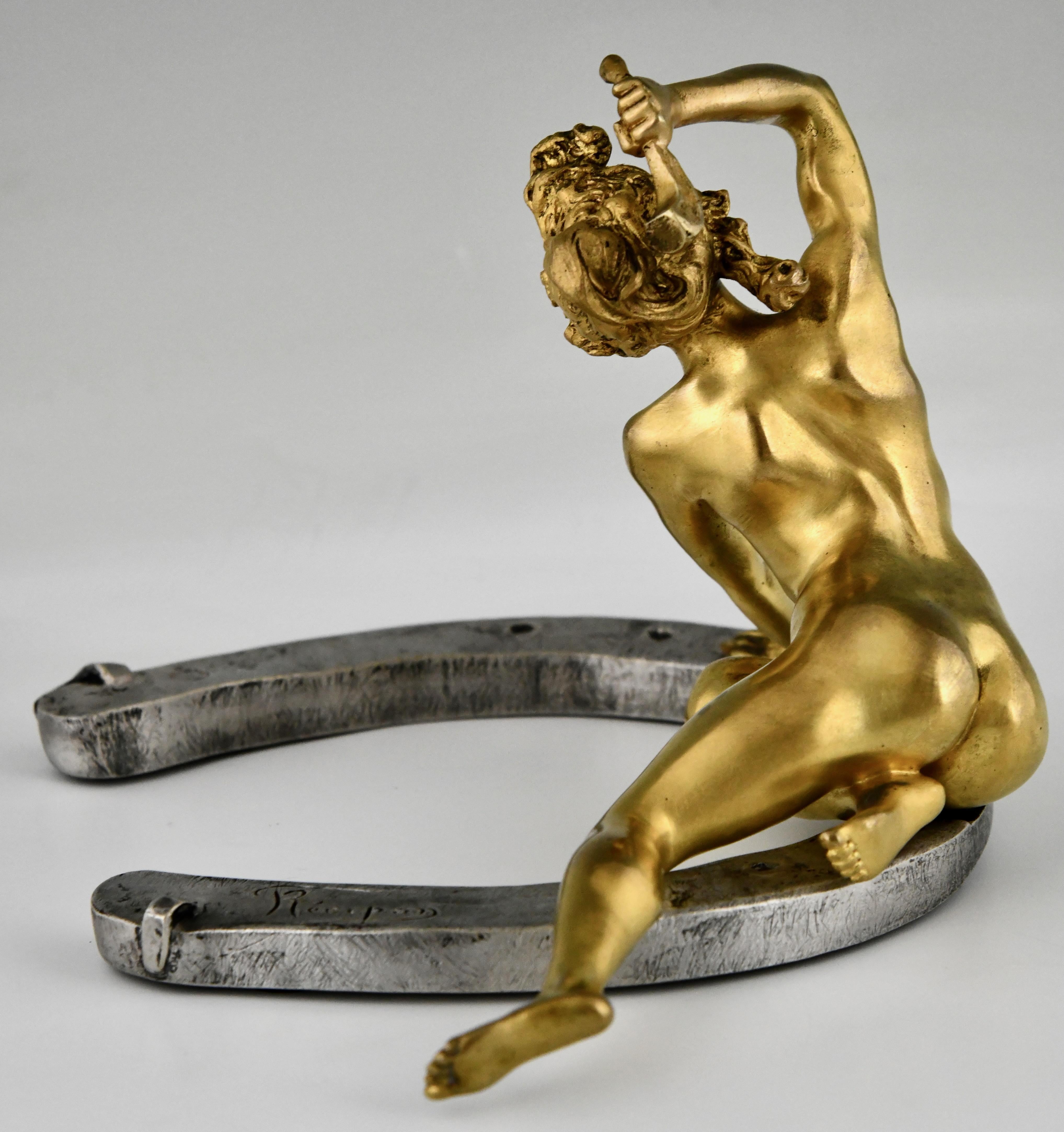 Patinated Art Nouveau Bronze Sculpture Nude on Horseshoe by Georges Récipon, Susse Frères