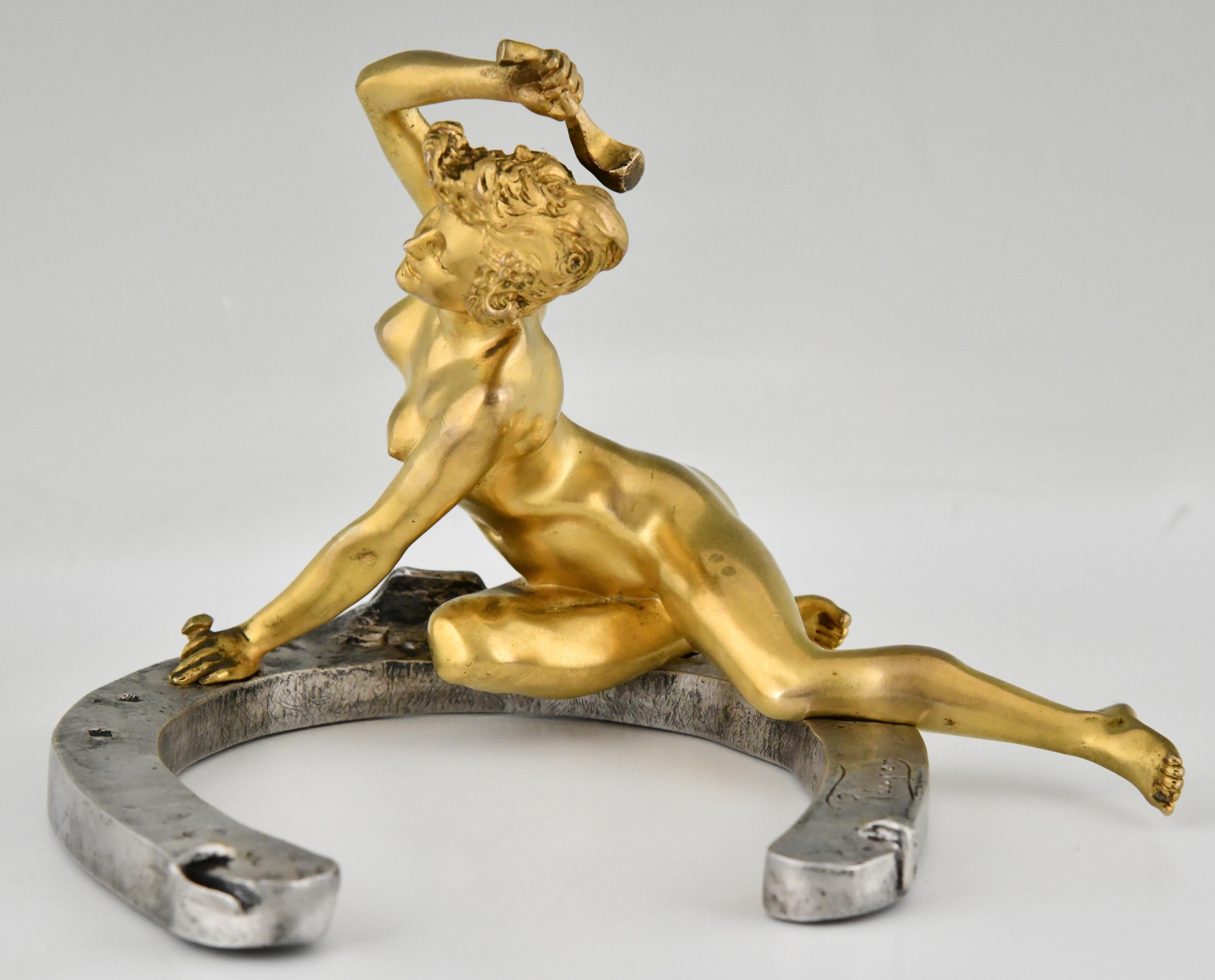 Late 19th Century Art Nouveau Bronze Sculpture Nude on Horseshoe by Georges Récipon, Susse Frères