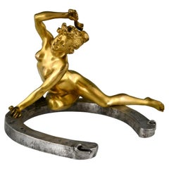 Art Nouveau Bronze Sculpture Nude on Horseshoe by Georges Récipon, Susse Frères