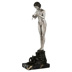 Vintage Art Nouveau Bronze Sculpture Nude Snake Charmer, Germany Ca. 1900