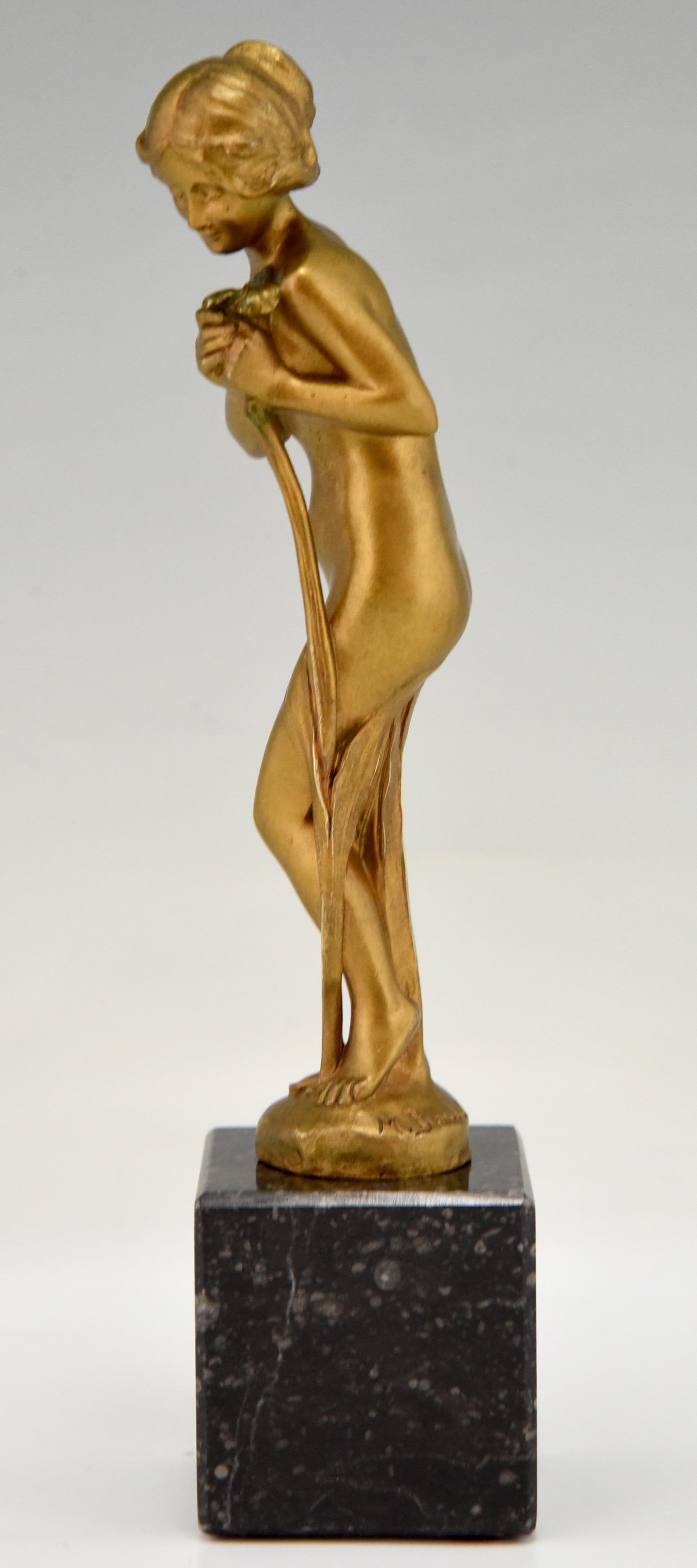 French Art Nouveau Bronze Sculpture Nude with Flower Maurice Bouval, France, 1900