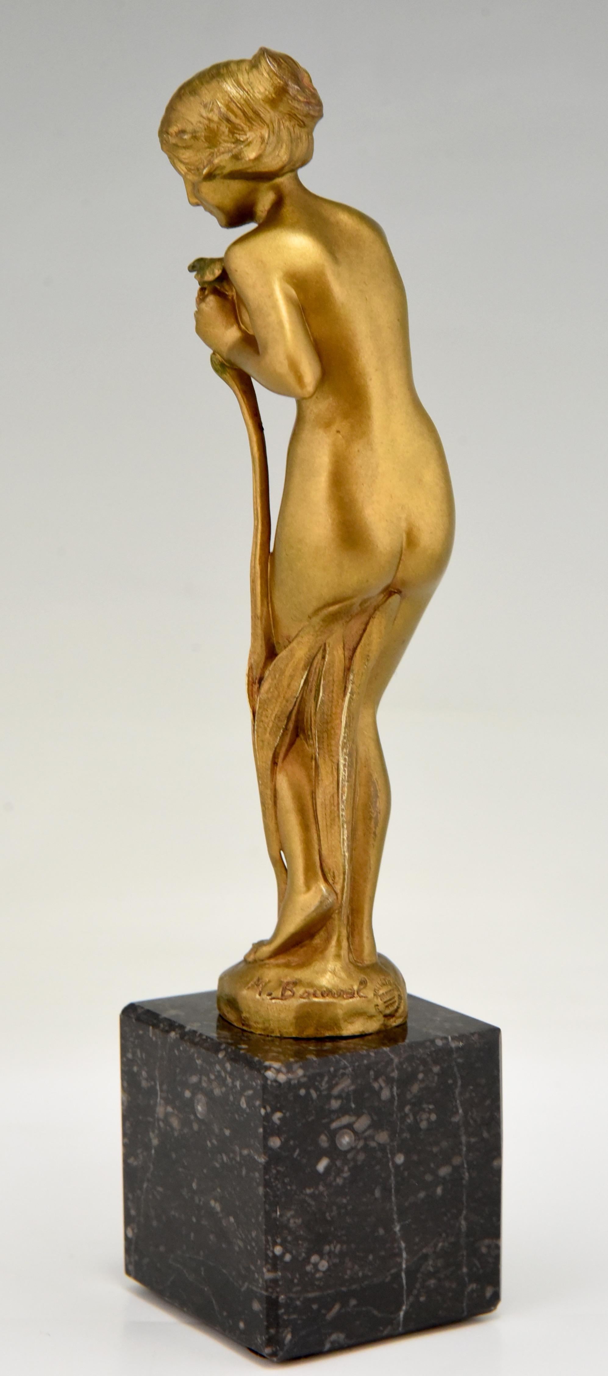Art Nouveau Bronze Sculpture Nude with Flower Maurice Bouval, France, 1900 In Good Condition In Antwerp, BE
