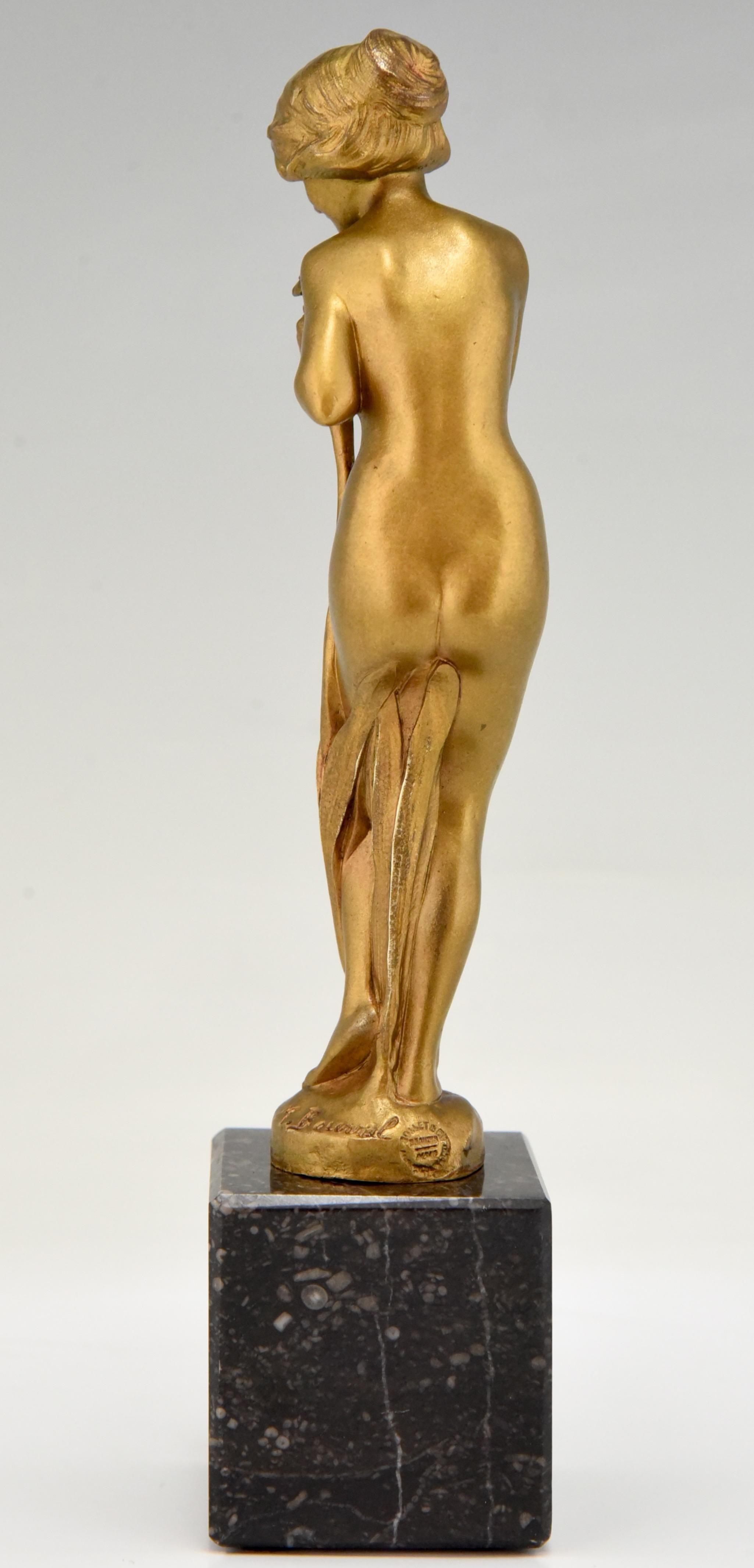 Early 20th Century Art Nouveau Bronze Sculpture Nude with Flower Maurice Bouval, France, 1900