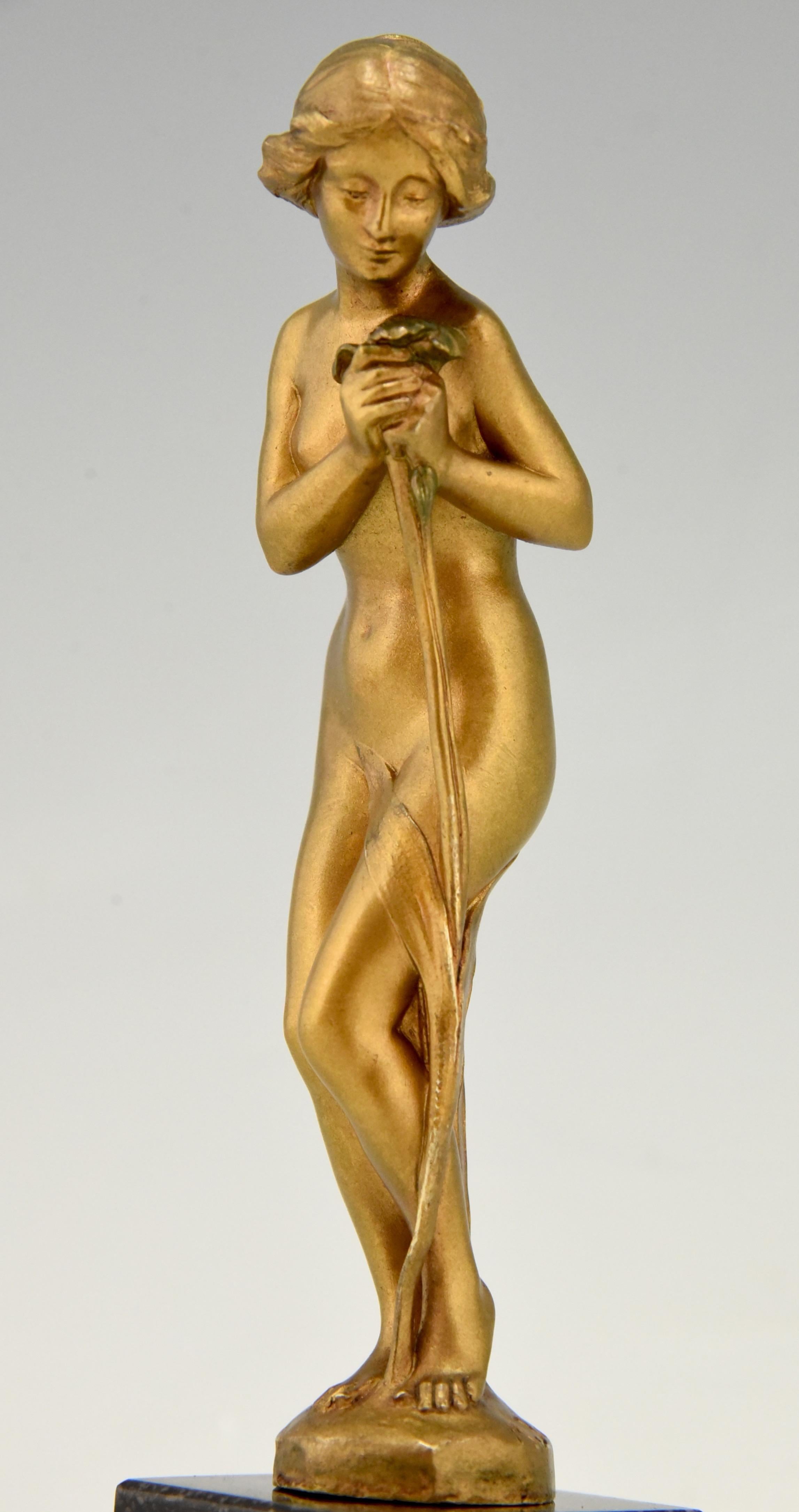 Art Nouveau Bronze Sculpture Nude with Flower Maurice Bouval, France, 1900 4
