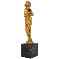 Antique Art Nouveau Bronze Sculpture Nude with Flower Maurice Bouval, France, 1900