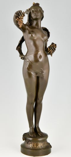 Art Nouveau Bronze Sculpture Nude with Grapes by Maurice Bouval, France, 1900