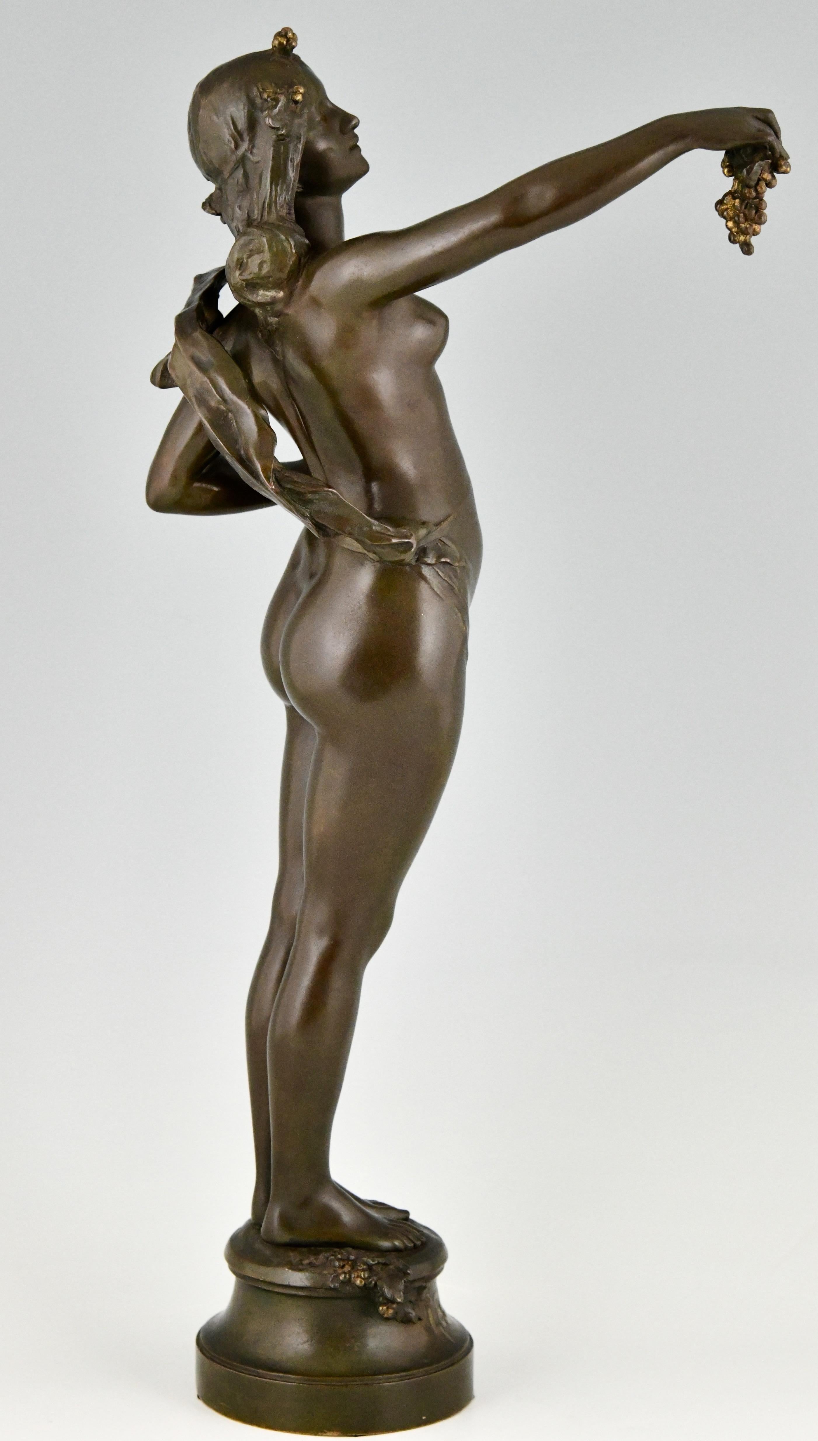 French Art Nouveau Bronze Sculpture Nude with Grapes by Maurice Bouval, France, 1900