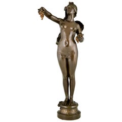 Art Nouveau Bronze Sculpture Nude with Grapes by Maurice Bouval, France, 1900