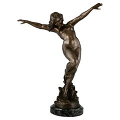 Jugendstil-Bronze-Skulptur einer tanzenden Bacchante im Akt von Carl Binder, 1905