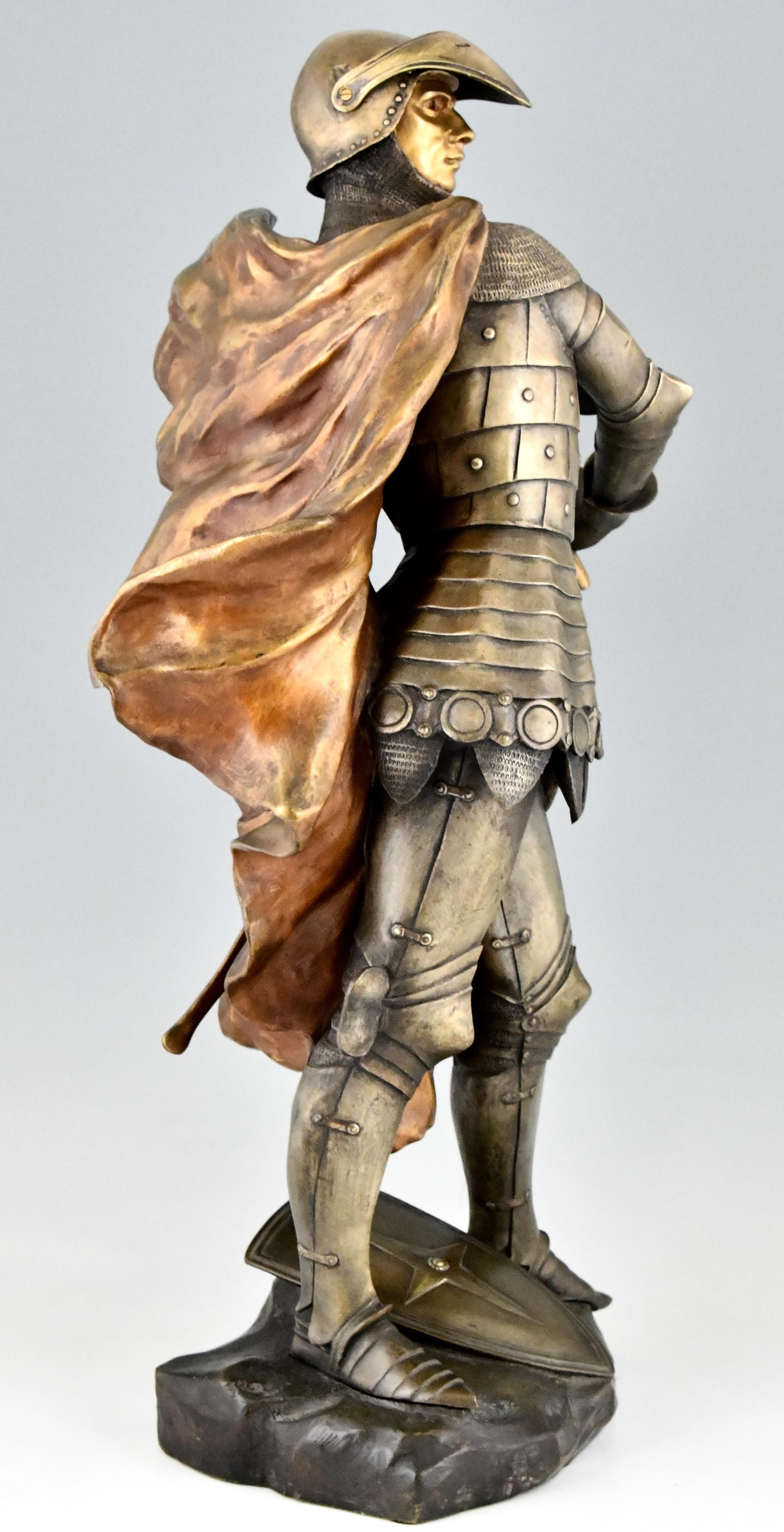 French Art Nouveau Bronze Sculpture of a Knight in Armor, Lucas Madrassi