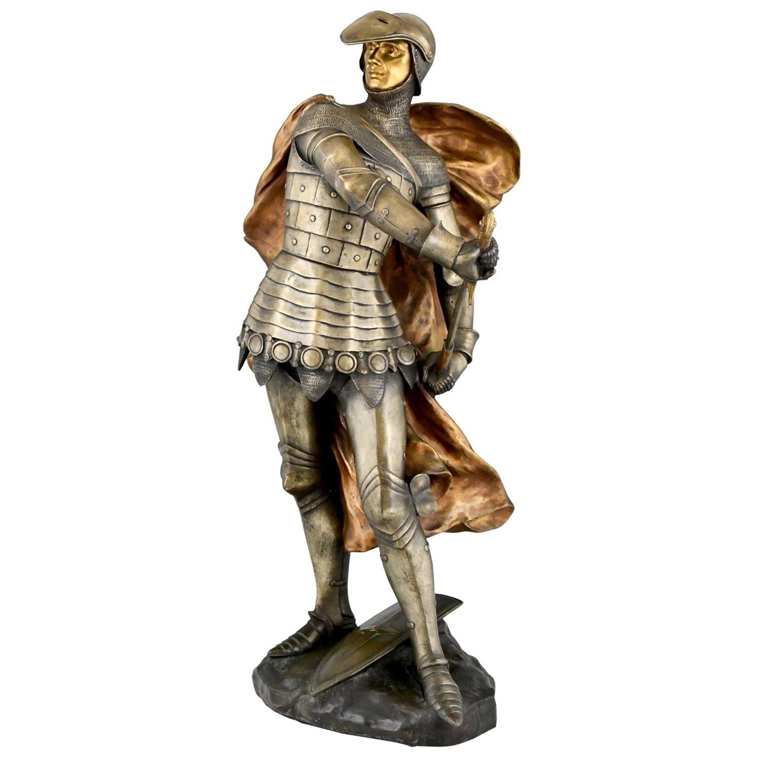 Art Nouveau Bronze Sculpture of a Knight in Armor, Lucas Madrassi
