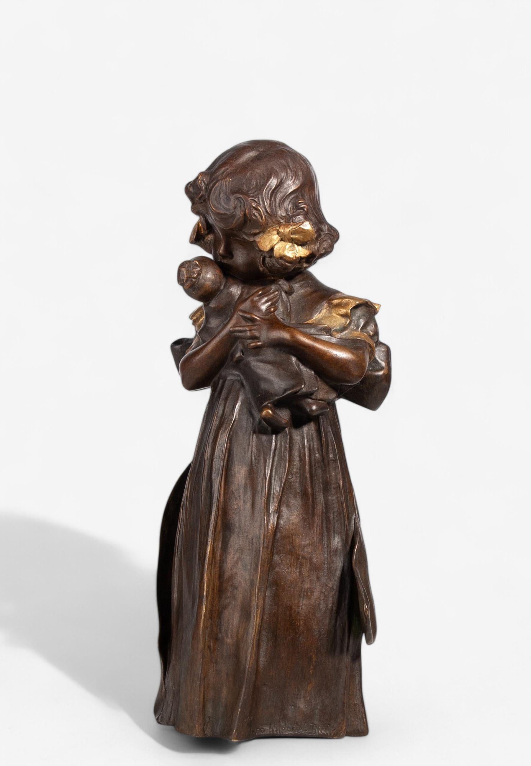French Art Nouveau Bronze Sculpture of Girl with a Doll by Leo Laporte-Blairsy, France For Sale