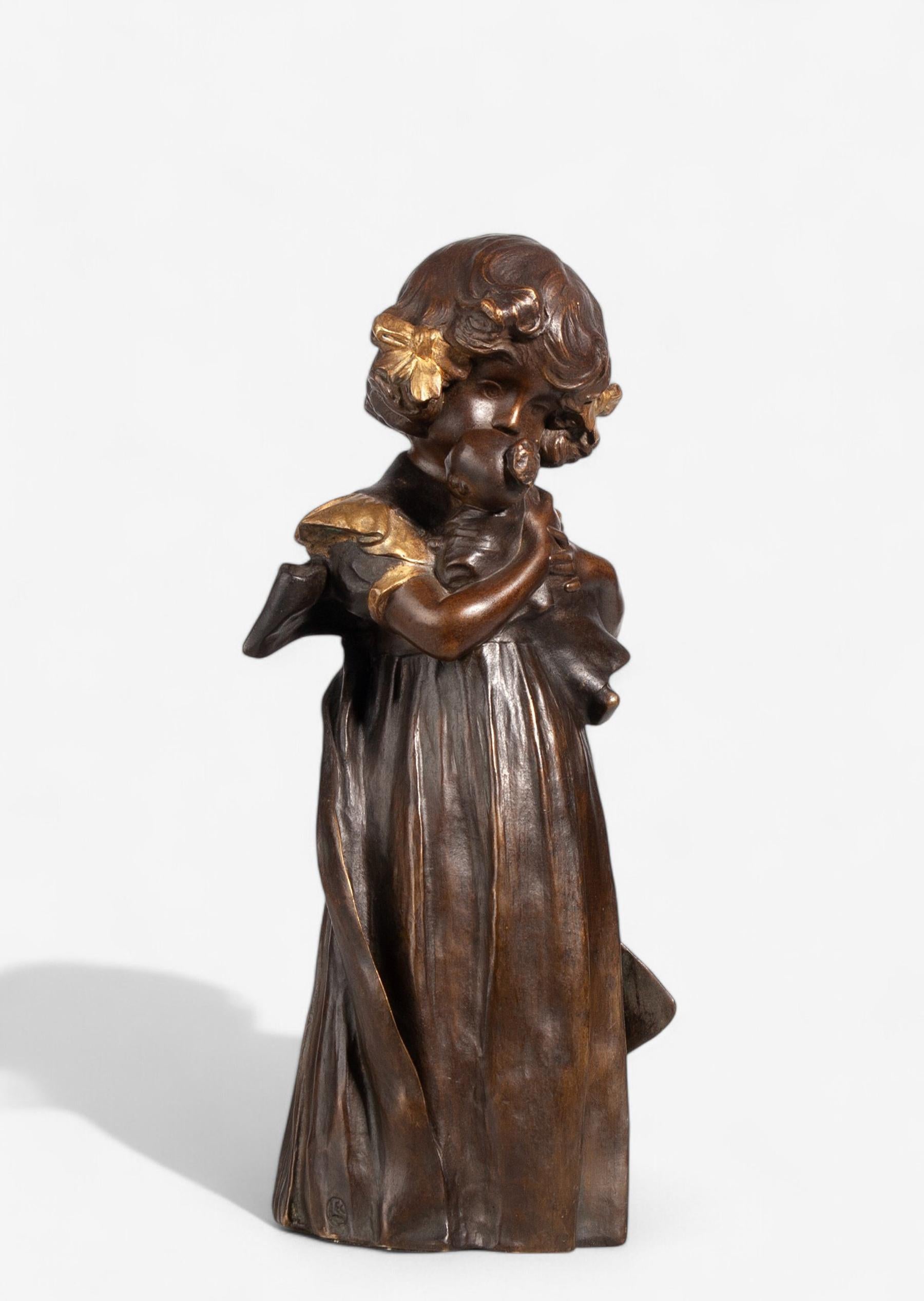 Cast Art Nouveau Bronze Sculpture of Girl with a Doll by Leo Laporte-Blairsy, France For Sale