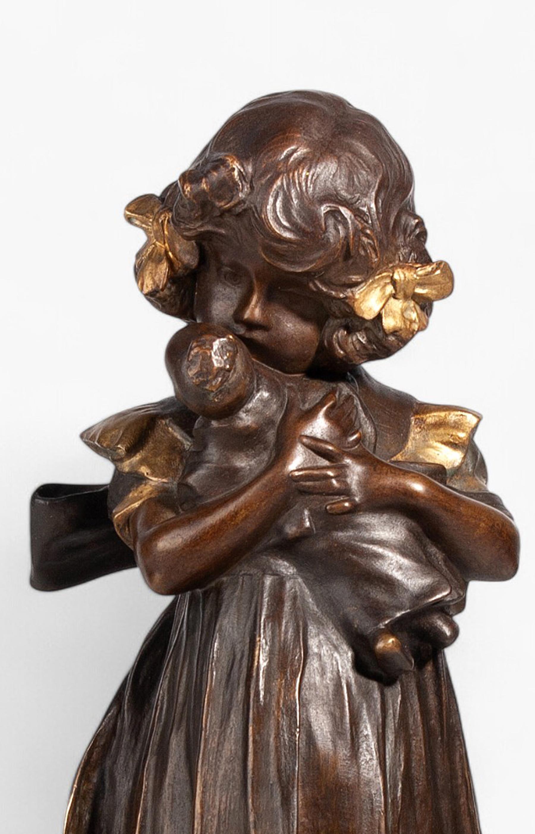 Art Nouveau Bronze Sculpture of Girl with a Doll by Leo Laporte-Blairsy, France In Good Condition For Sale In North Miami, FL