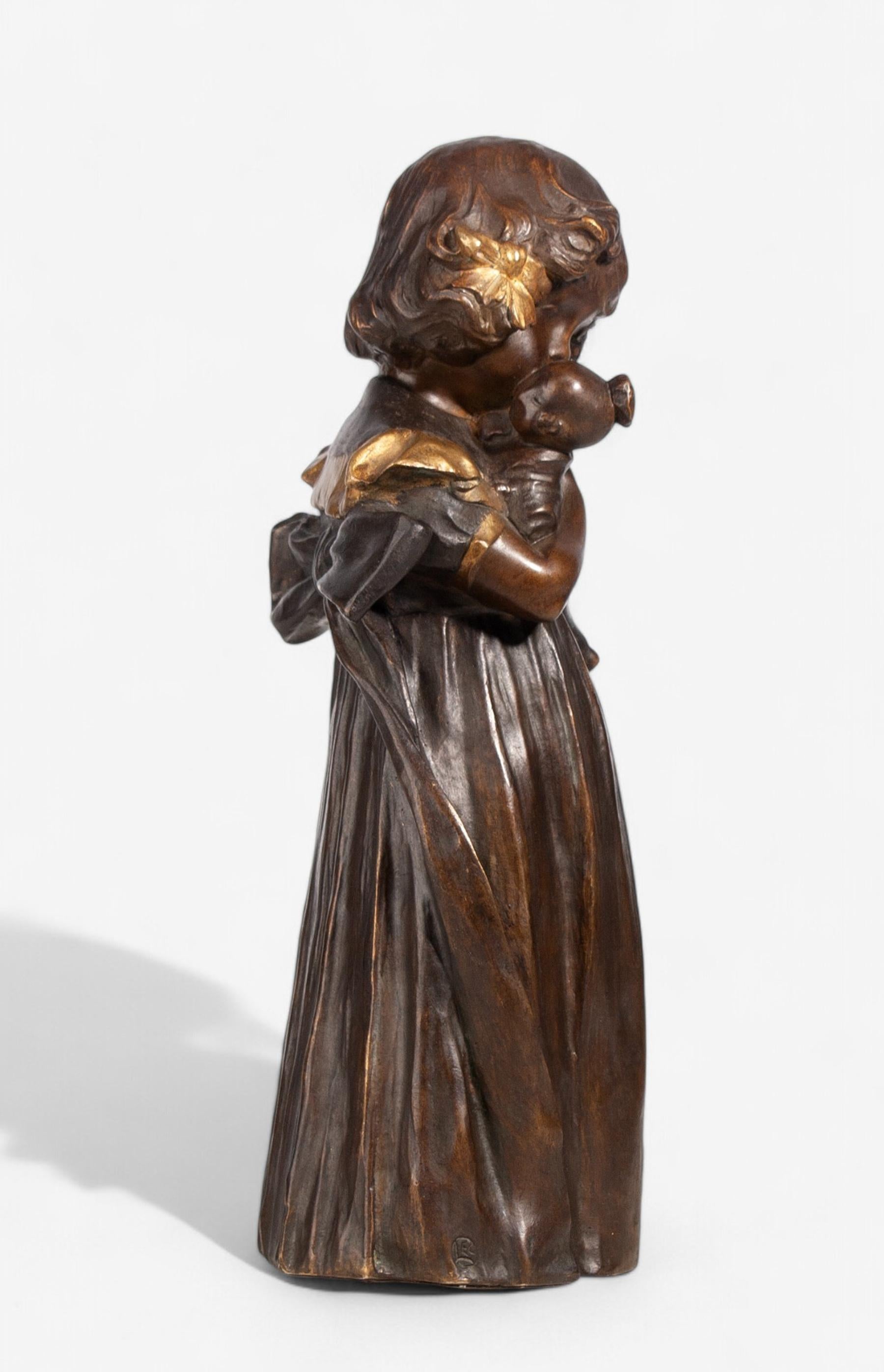 Early 20th Century Art Nouveau Bronze Sculpture of Girl with a Doll by Leo Laporte-Blairsy, France For Sale