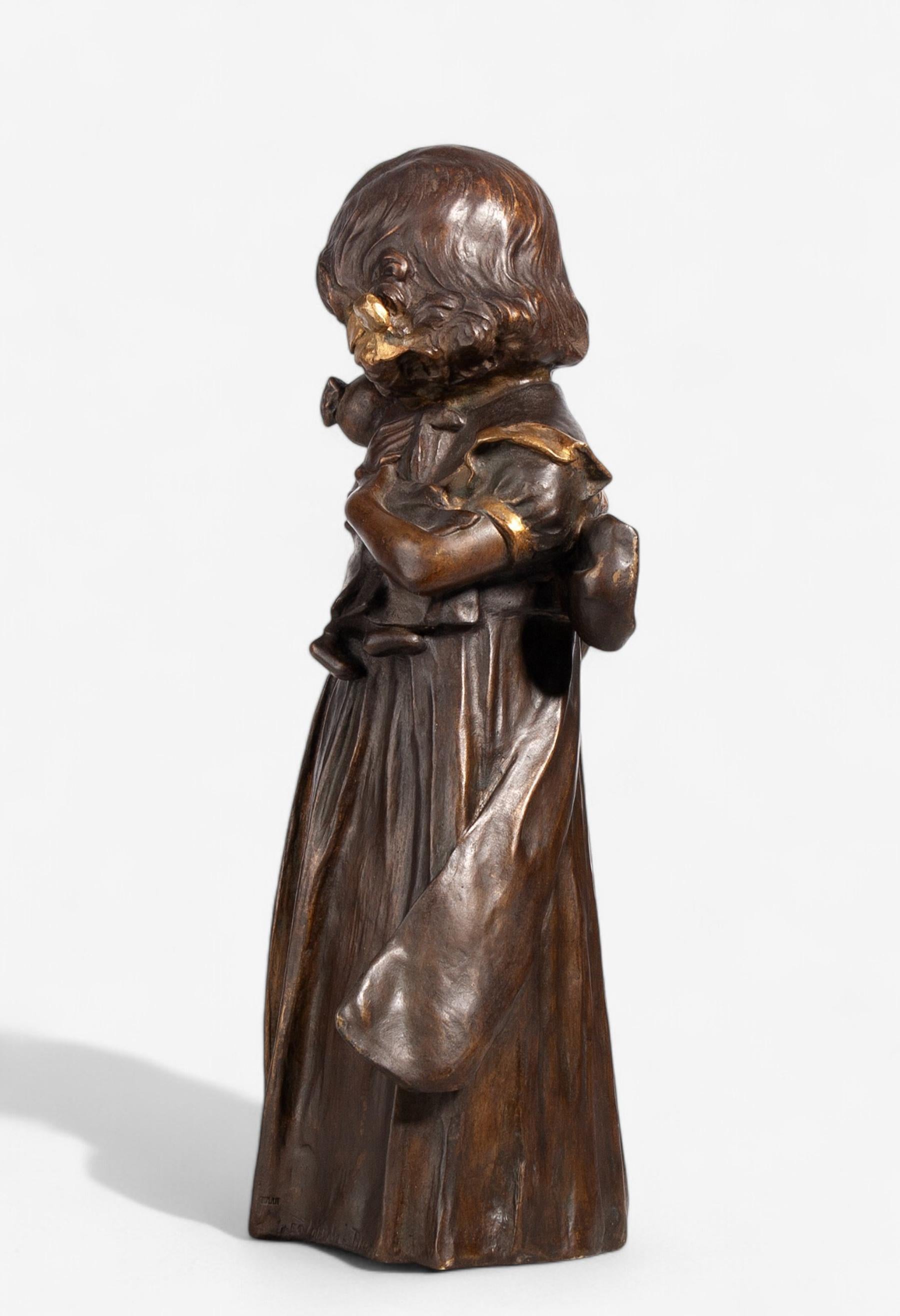 Metal Art Nouveau Bronze Sculpture of Girl with a Doll by Leo Laporte-Blairsy, France For Sale