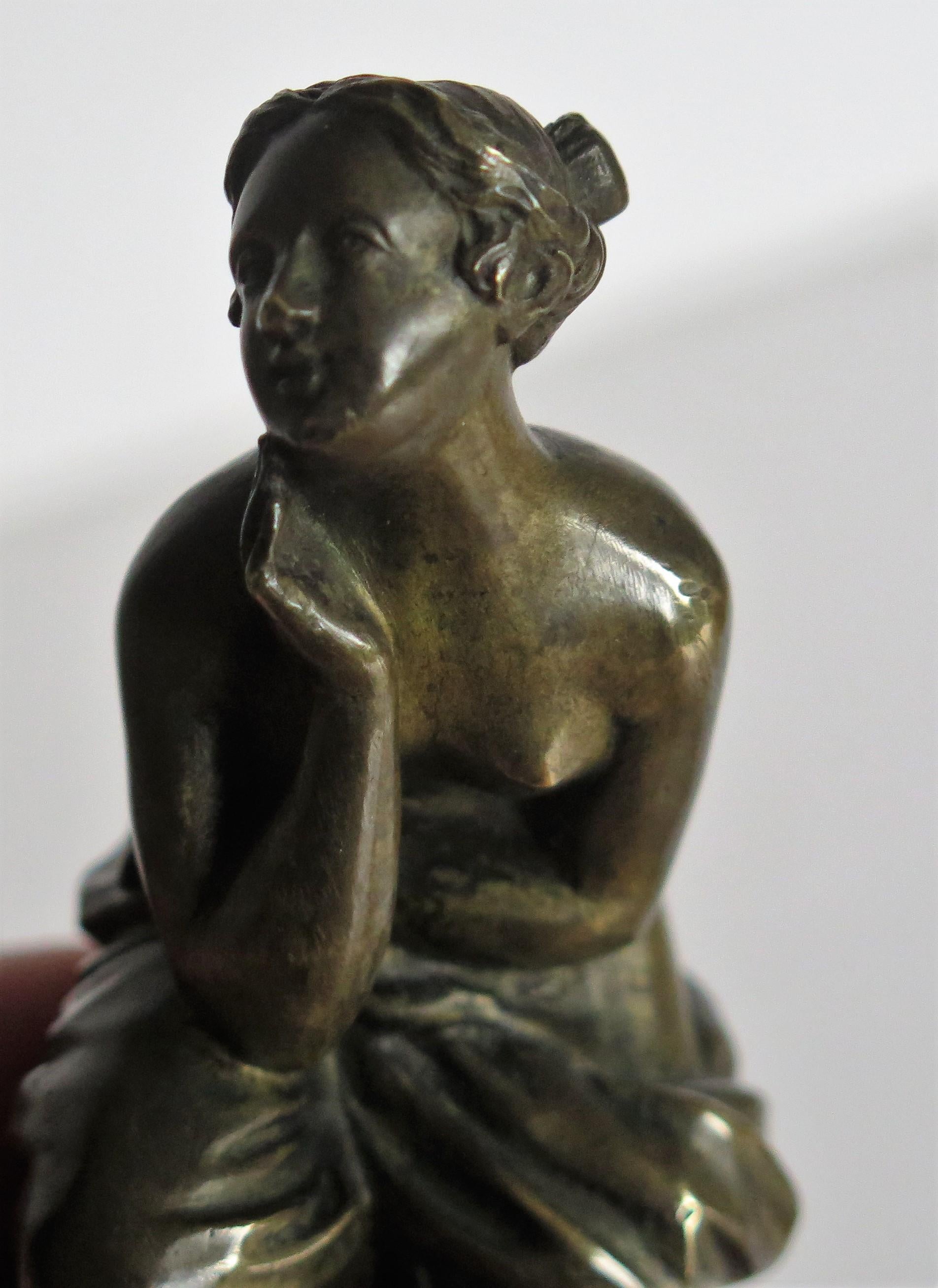 19thC. Art Nouveau Bronze Sculpture of Lady on Red Marble Base, Probably French 10