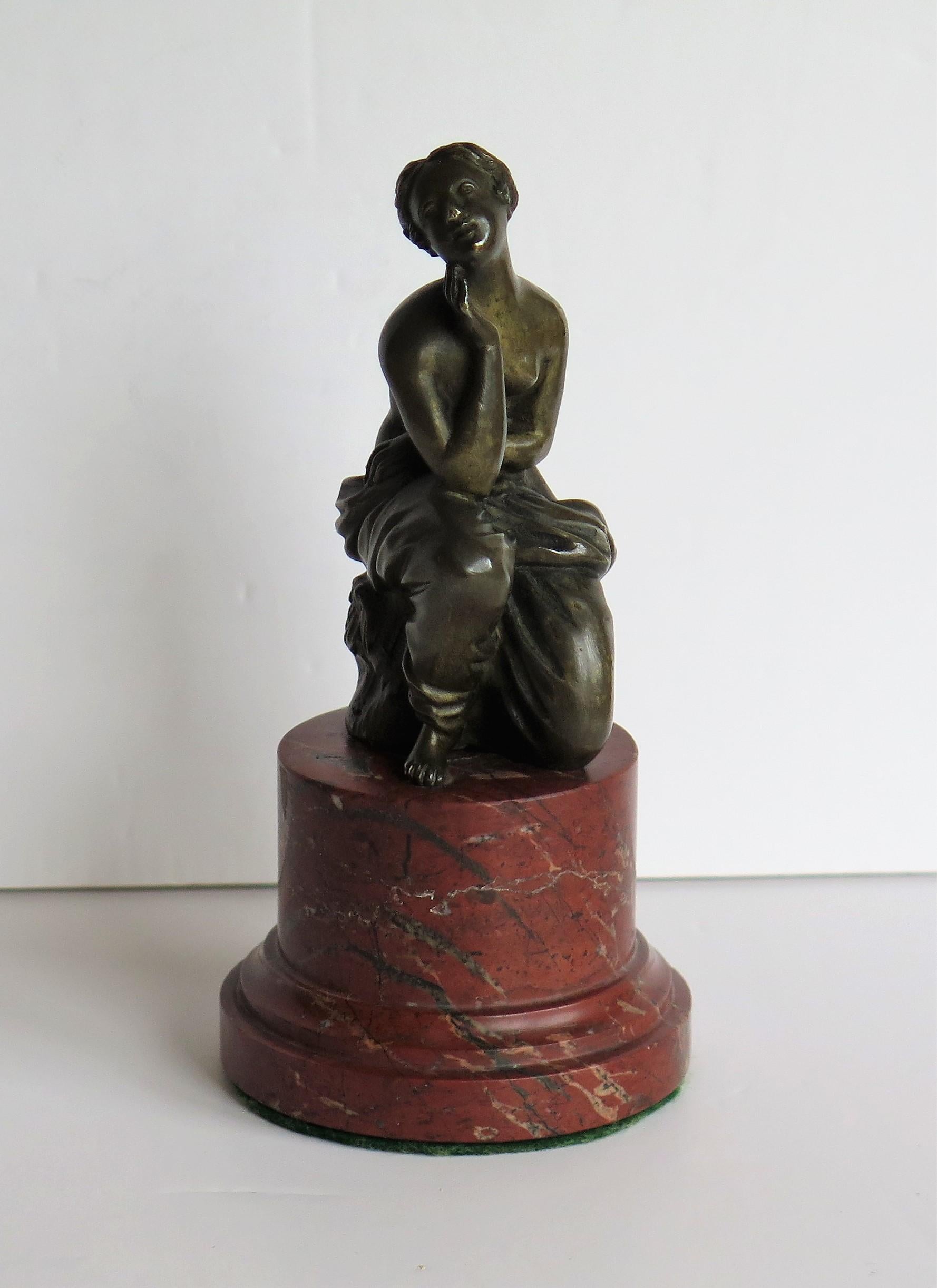 Hand-Crafted 19thC. Art Nouveau Bronze Sculpture of Lady on Red Marble Base, Probably French