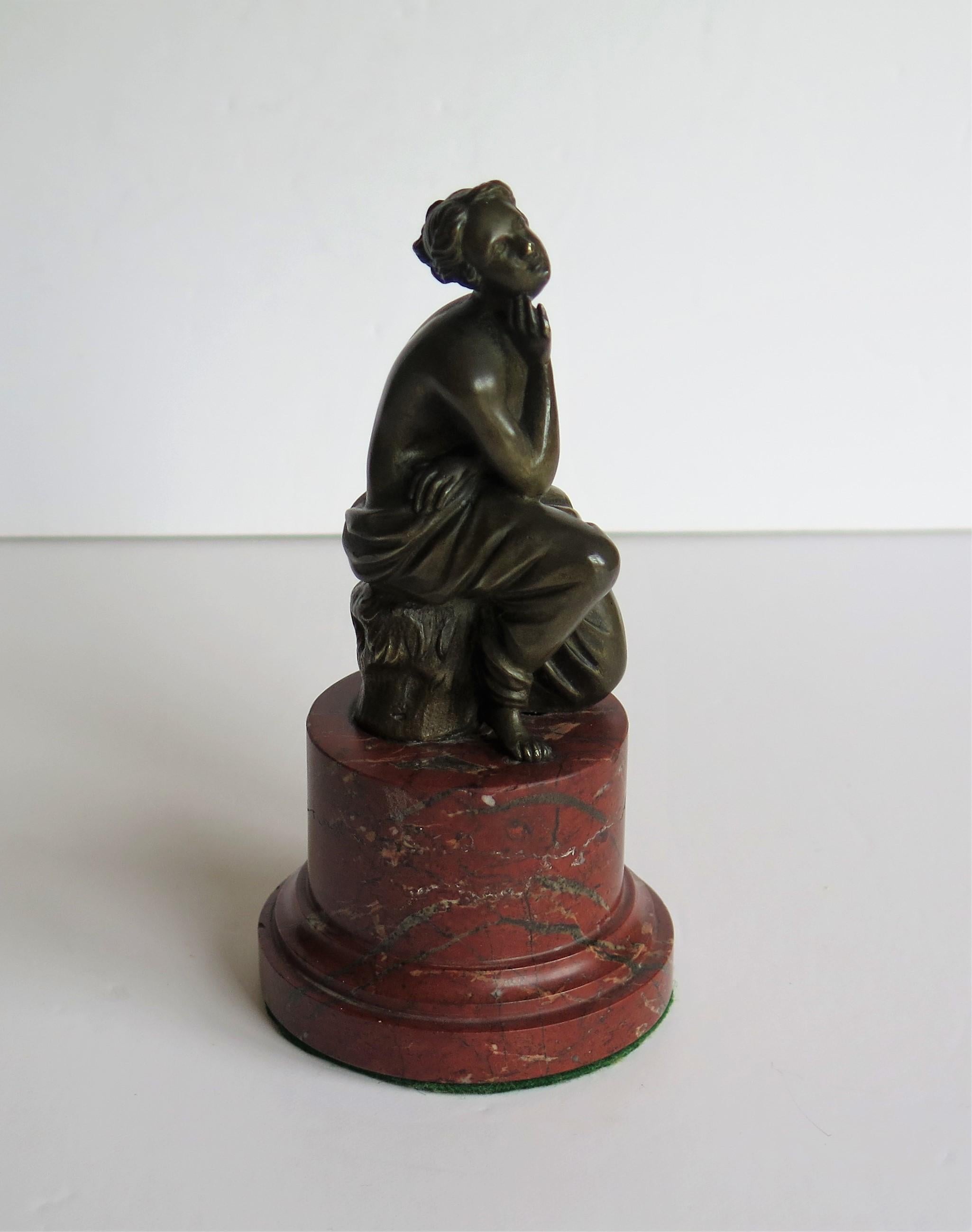 19th Century 19thC. Art Nouveau Bronze Sculpture of Lady on Red Marble Base, Probably French