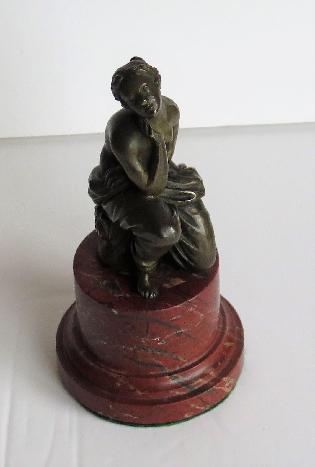 19thC. Art Nouveau Bronze Sculpture of Lady on Red Marble Base, Probably French 1