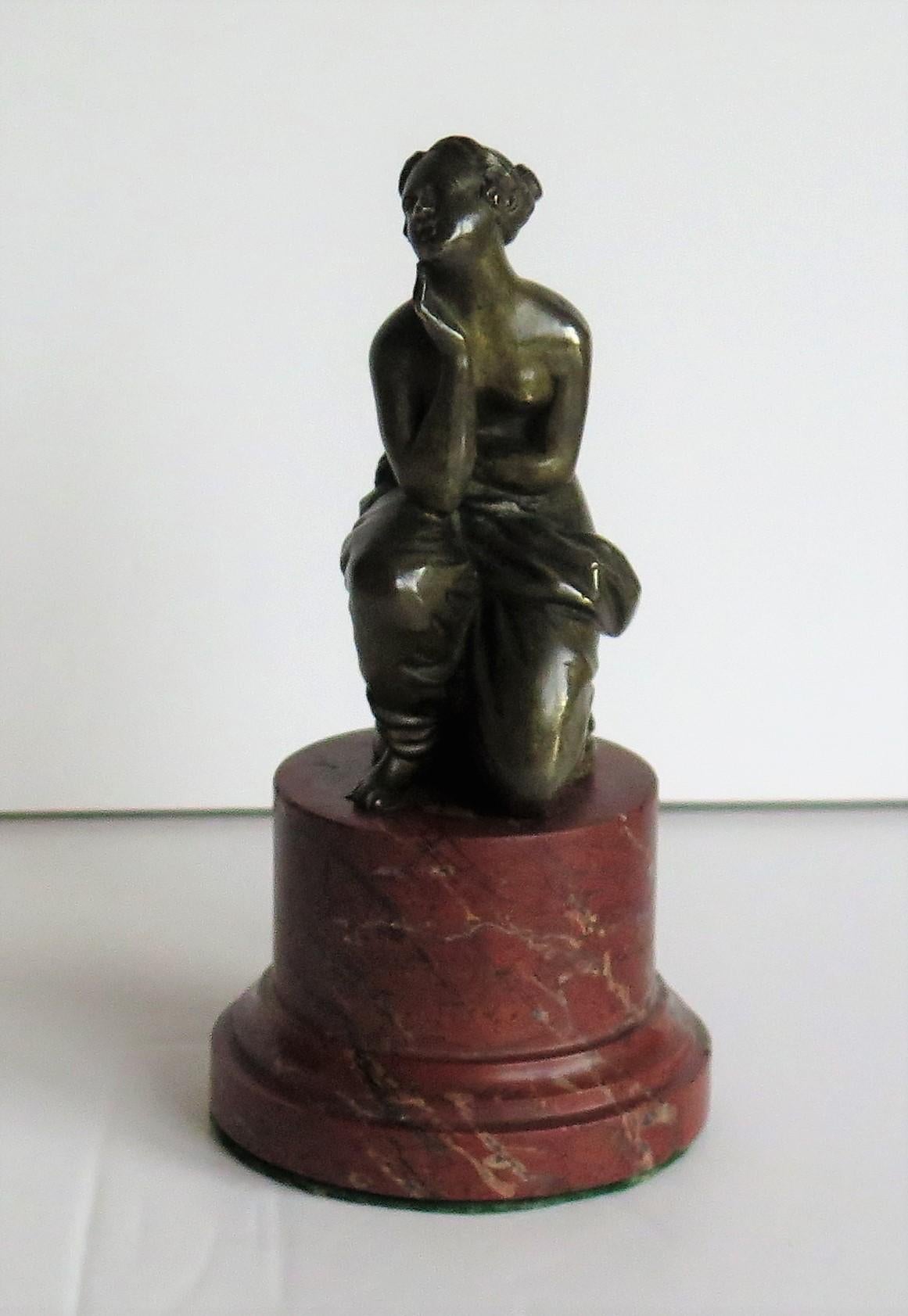 19thC. Art Nouveau Bronze Sculpture of Lady on Red Marble Base, Probably French 2