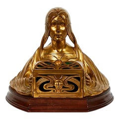 Art Nouveau Bronze Sculpture of Young Girl Holding a Light Box by Micael Levy